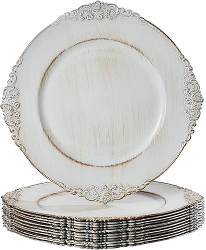 Miniatura 8 de MAONAME Platos de carga blancos con borde dorado, cargadores redondos de platos antiguos para platos de cena, cargador de plástico de 13 pulgadas