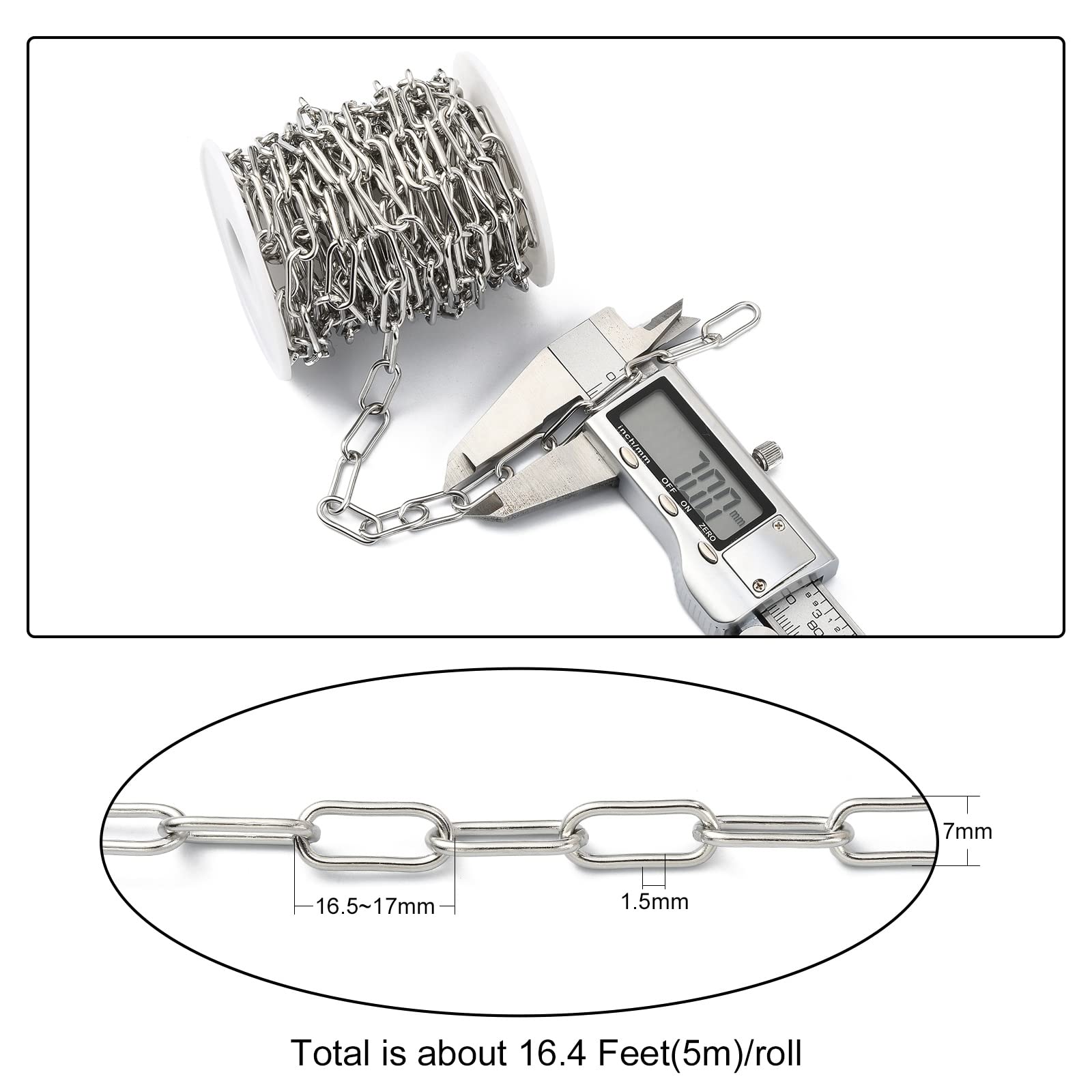 UR URLIFEHALL 16.4 Feet/5m 304 Stainless Steel Cable Chains with Spool Soldered Long Oval Chain for Necklace Jewellery Belt Jeans Making - Image 2