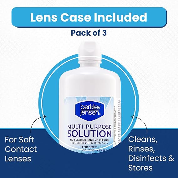 Berkley Jensen Multi-Purpose Solution, 48 oz (Pack of 3, 16 oz Bottles) - Sterile Contact Lens Solution - Cleans, Disinfects, and Removes Protein - For Soft Contact Lenses - Includes Contact Lens Case