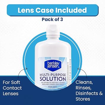 Berkley Jensen Multi-Purpose Solution, 48 oz (Pack of 3, 16 oz Bottles) - Sterile Contact Lens Solution - Cleans, Disinfects, and Removes Protein - For Soft Contact Lenses - Includes Contact Lens Case