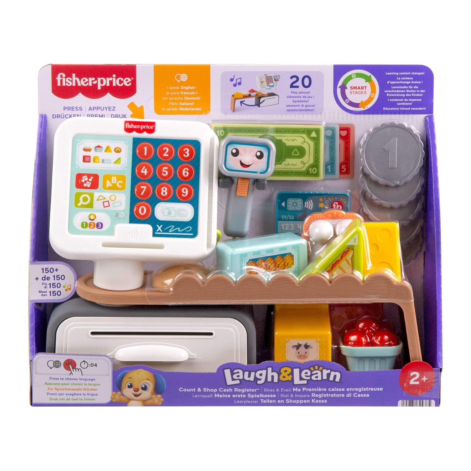 Fisher-Price kasa fiskalna, zestaw naukowy z ponad 150 piosenkami, dźwiękami i frazami, 20 akcesoriów, wersja włoska +ES+IN+PT, zabawka dla dzieci w wieku 2+ lat, JGX00
