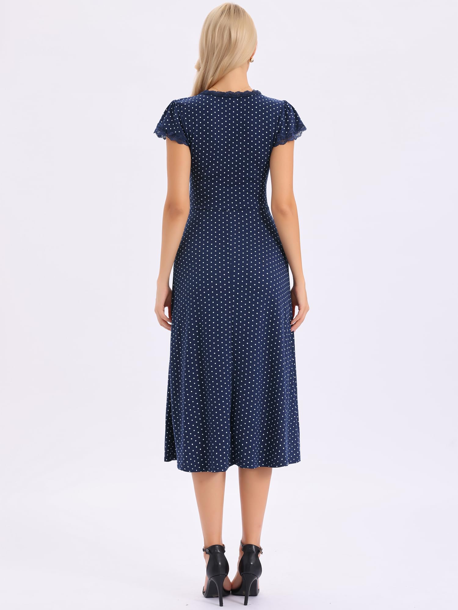 Allegra K Vestito a pois da donna anni '50 vintage midi abiti | Bordo in pizzo, scollo a V, maniche ad aletta con volant, linea ad A, vita aderente, abbigliamento quotidiano estivo