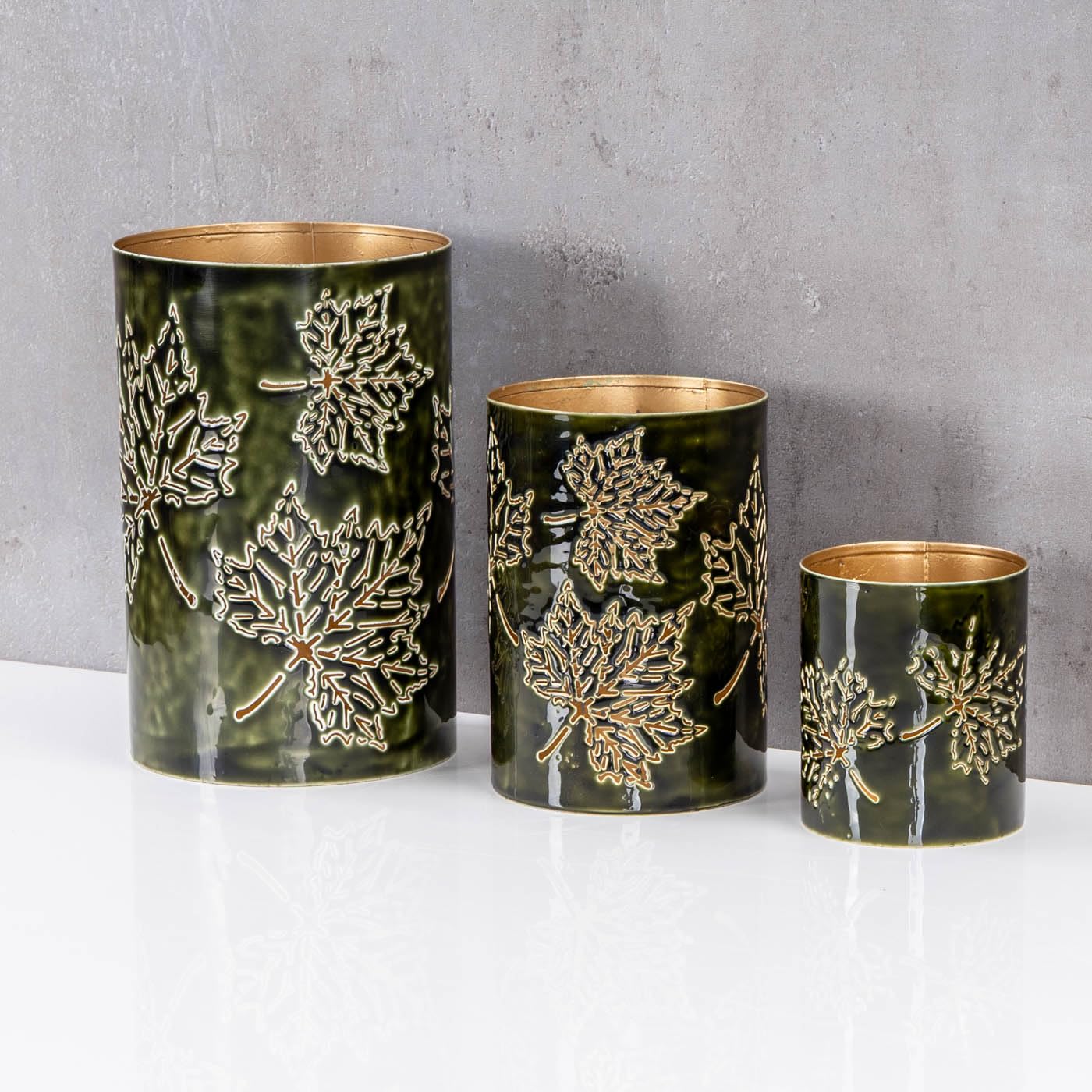 levandeo 3er Set Windlichter H10-20cm Teelichthalter Grün Gold Metall Herbstblatt Herbstdeko Tischdeko Kerzenhalter Ahorn Ahornblatt