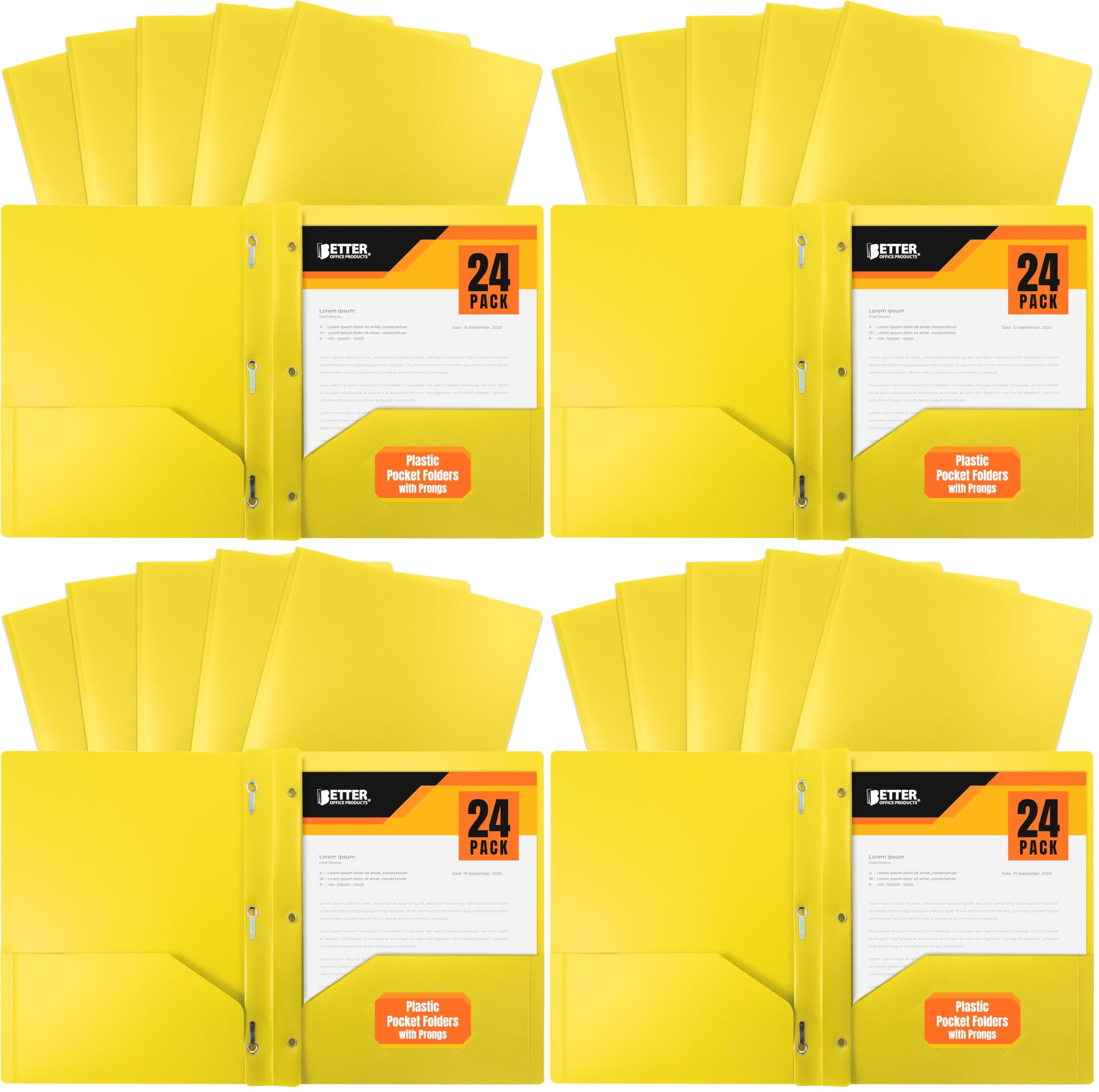 Better Office Products Yellow Plastic 2 Pocket Folders with Prongs, Heavyweight, Letter Size Poly Folders, 96 Pack, with 3 Metal Prongs Fastener Clips, Yellow