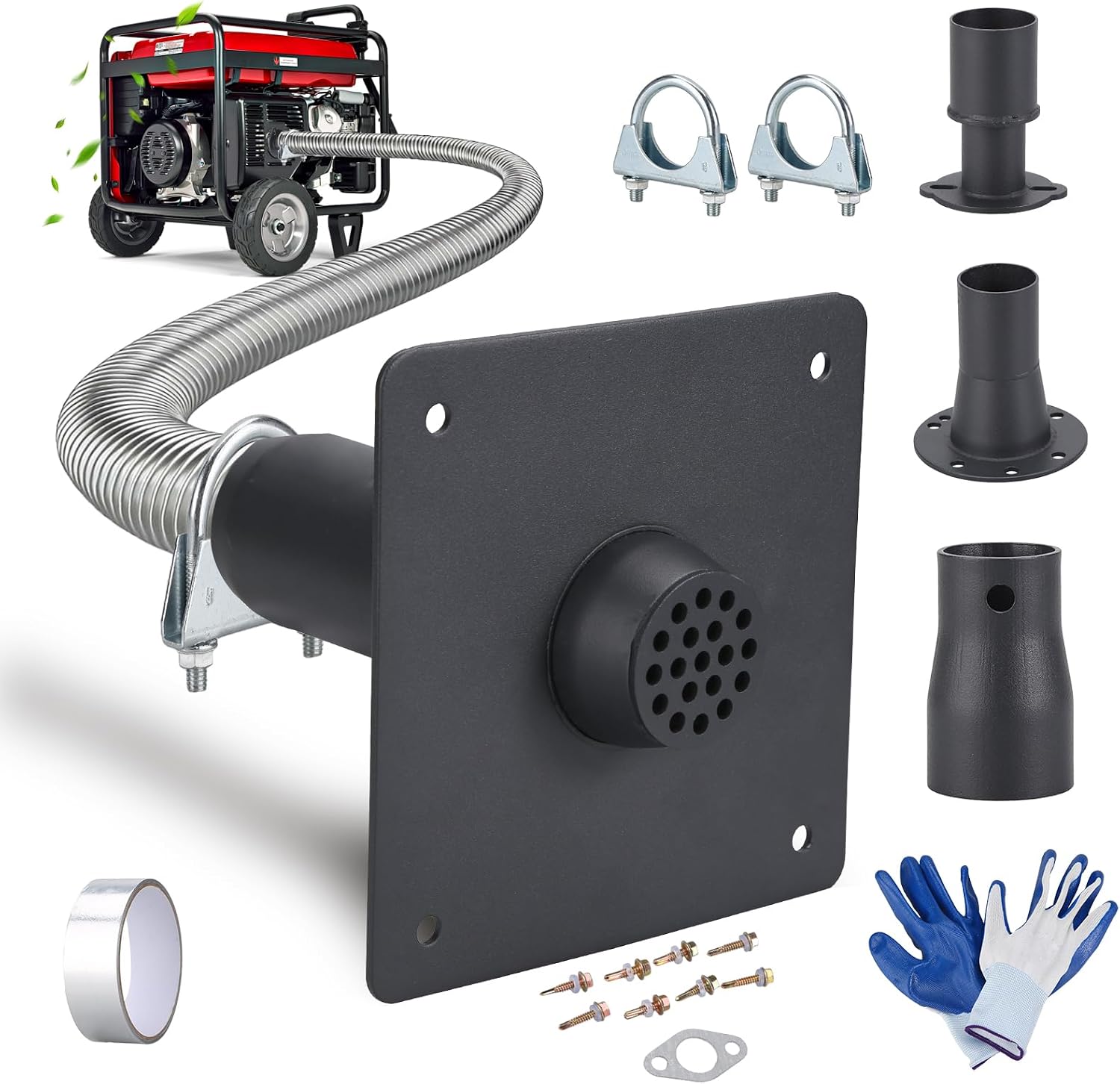 Safely Vents Reduces Noise, Compatible Most Portable Generators, Generator Exhaust Extension Silencer Kit with Universal Stainless Muffler, Flex Pipe, Wall Plate Adapters