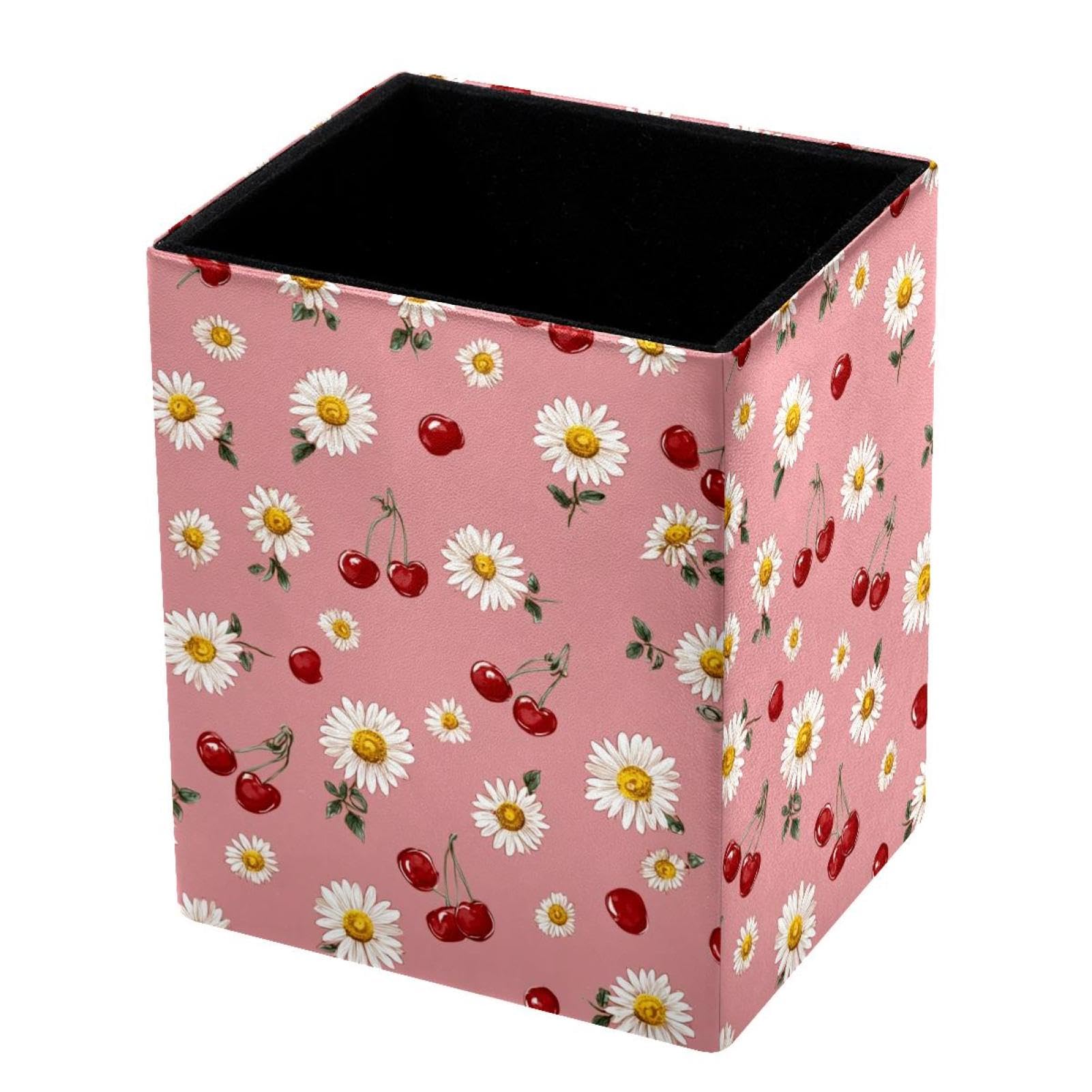 VAPOKF Pencil Holders for Desk, Daisies and Cherries Printed Pen Holders Pen Pot Makeup Brushes Storage Desktop Stationery Supplies Organiser for Home Office