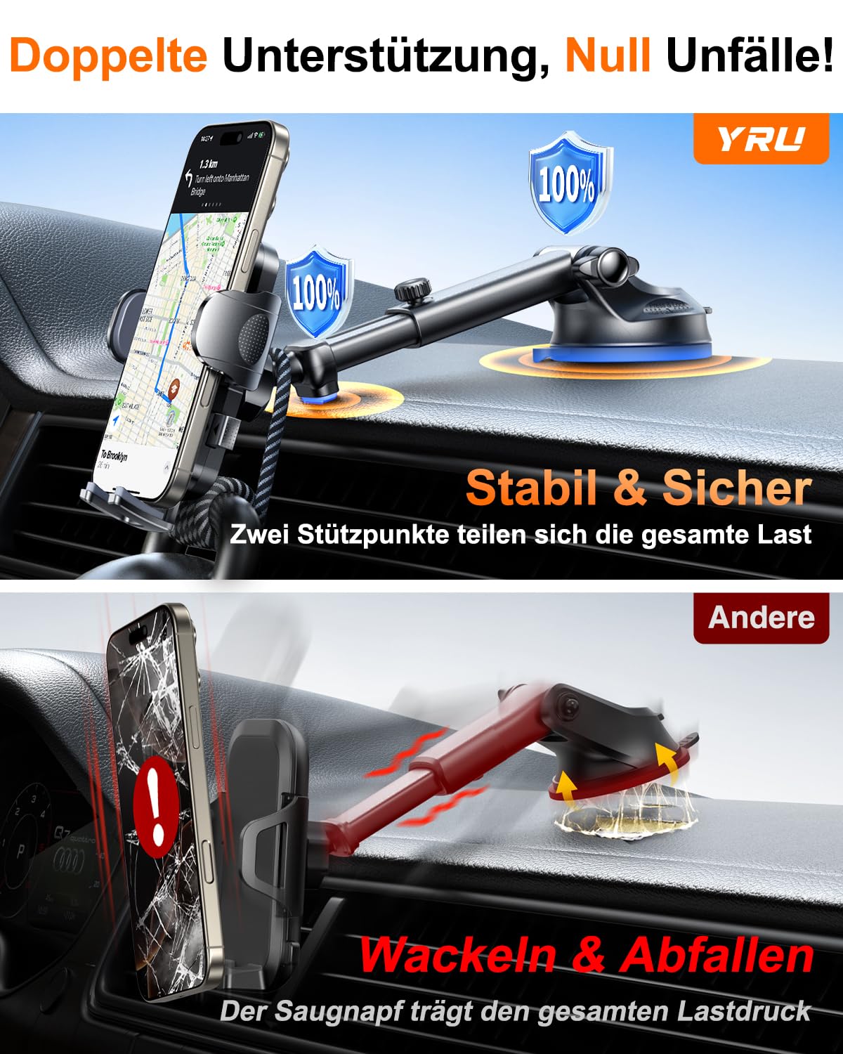 【2026 Militär-Klasse】Handyhalterung Auto Upgrade【Stärkst Saugnapf & Lüftungsclip】Handy Halterung Auto 360°Handyhalter Auto auf Armaturenbrett Scheibe für iPhone 17 16 15 14 13 Pro Max usw,Mattschwarz