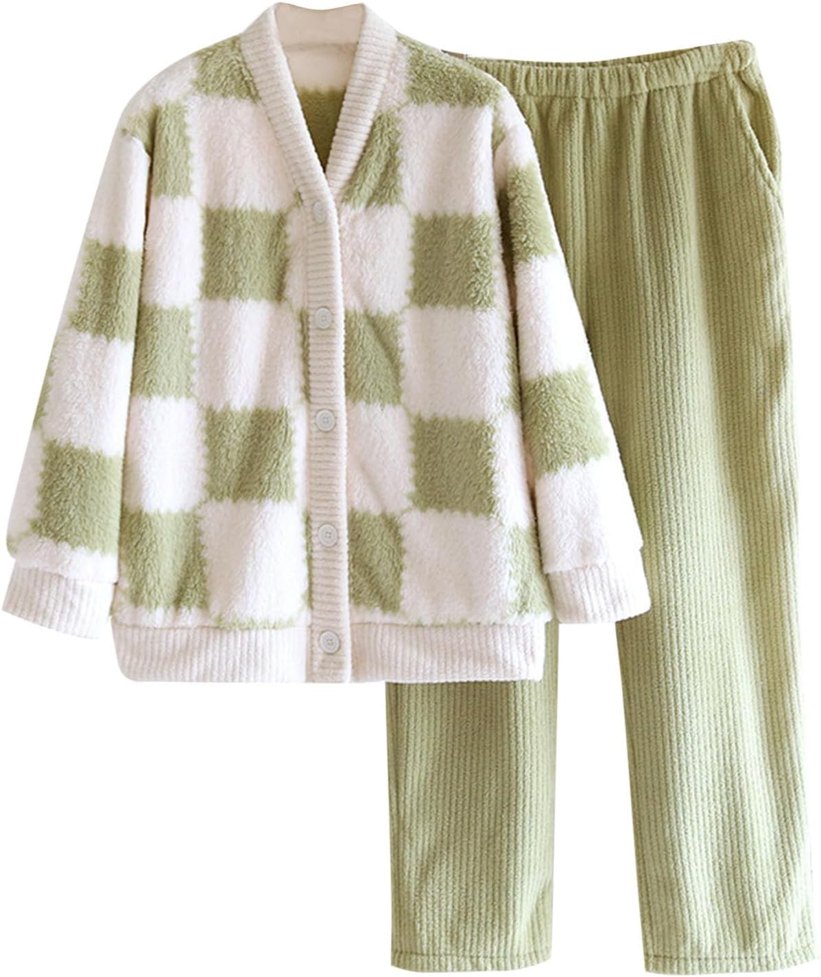 Mzkdieey Women's Fluffy Fleece Pajamas Set Flannel Sleepwear Loungewear Long Sleeve Button Down Plush Plaid Top and Pants Set