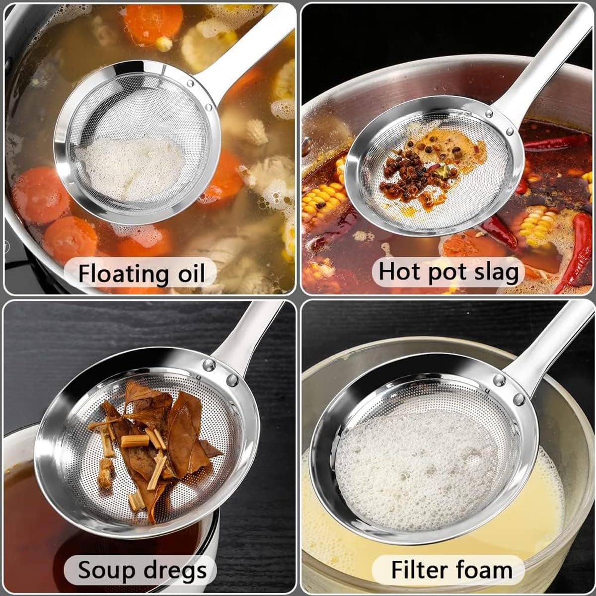 Écumoire en acier inoxydable 304 - Passoire à mailles fines - Pour graisse et mousse - Petit avec poignée - Pour bouillon, soupe, ragoût, fondue - Passe au lave-vaisselle