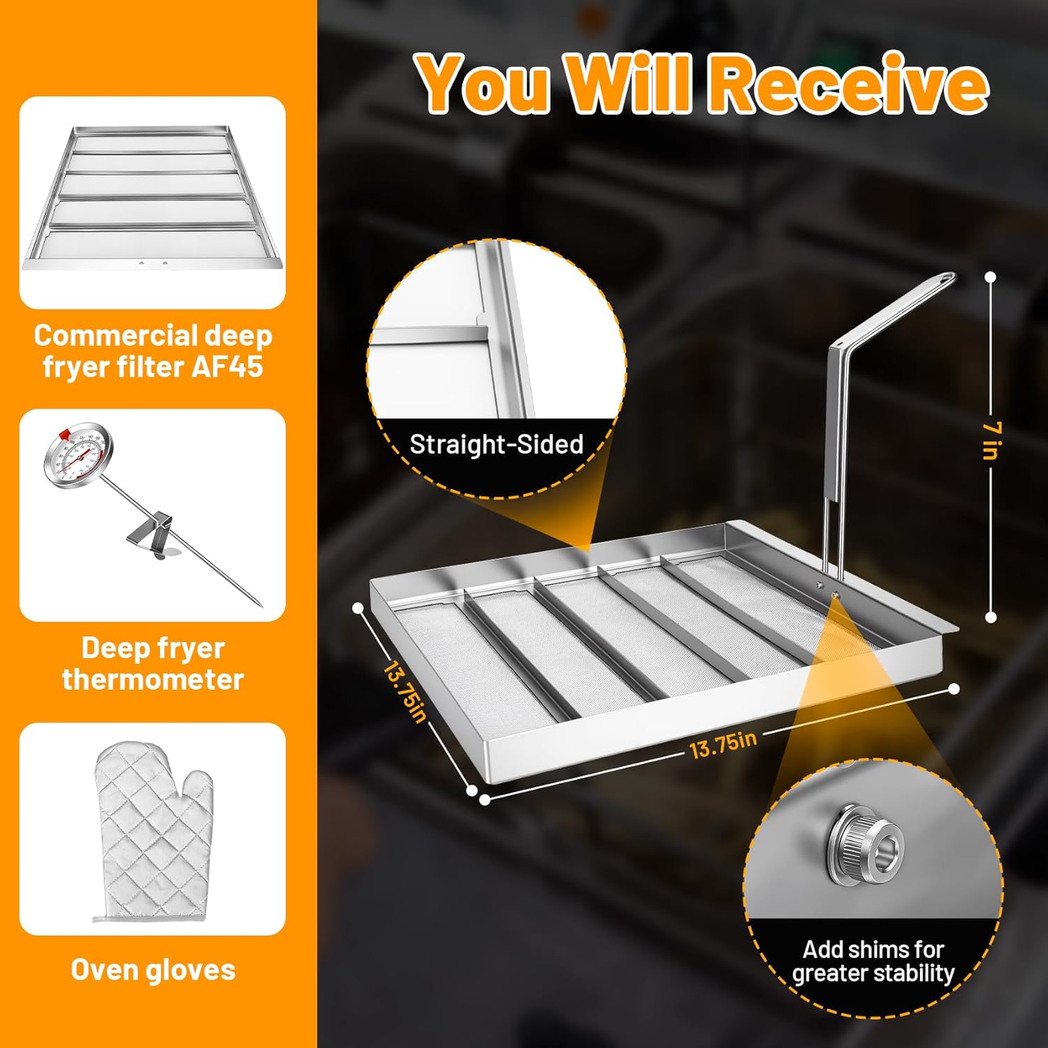 AF45 Commercial Deep Fryer Filter, 13.75"x13.75", Food-Grade 304 Stainless Steel Material, 550 Micron Filter Screen, Extends Oil Life 40%, Compatible with Various Brands Such as Pitco, Avantco, Etc