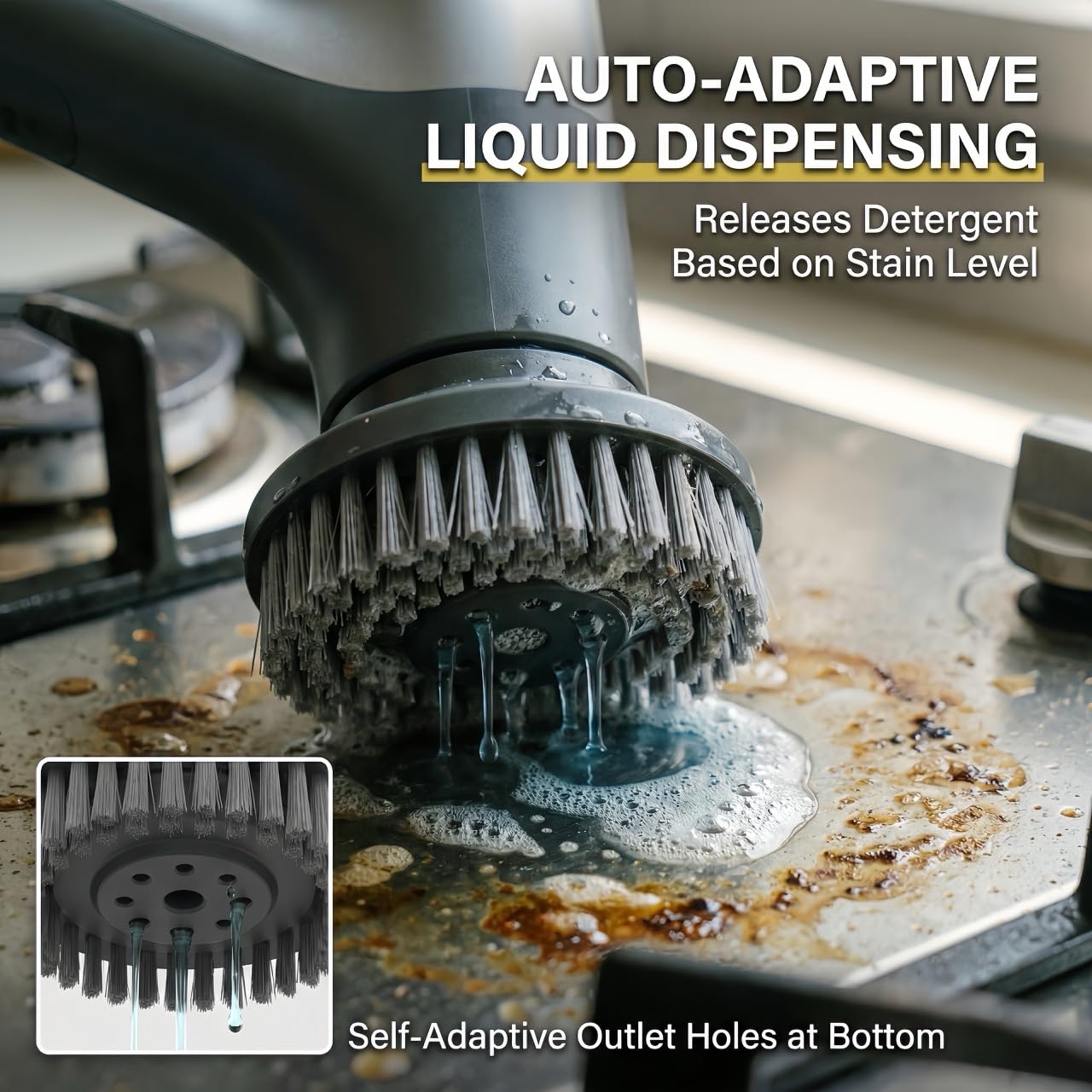 Scrubber elettrico da bagno, dispenser automatico di sapone senza fili e testina anti-rotante, impermeabile IPX7, 5 testine sostituibili, lunga durata della batteria per cucina/bagno/auto/pavimento