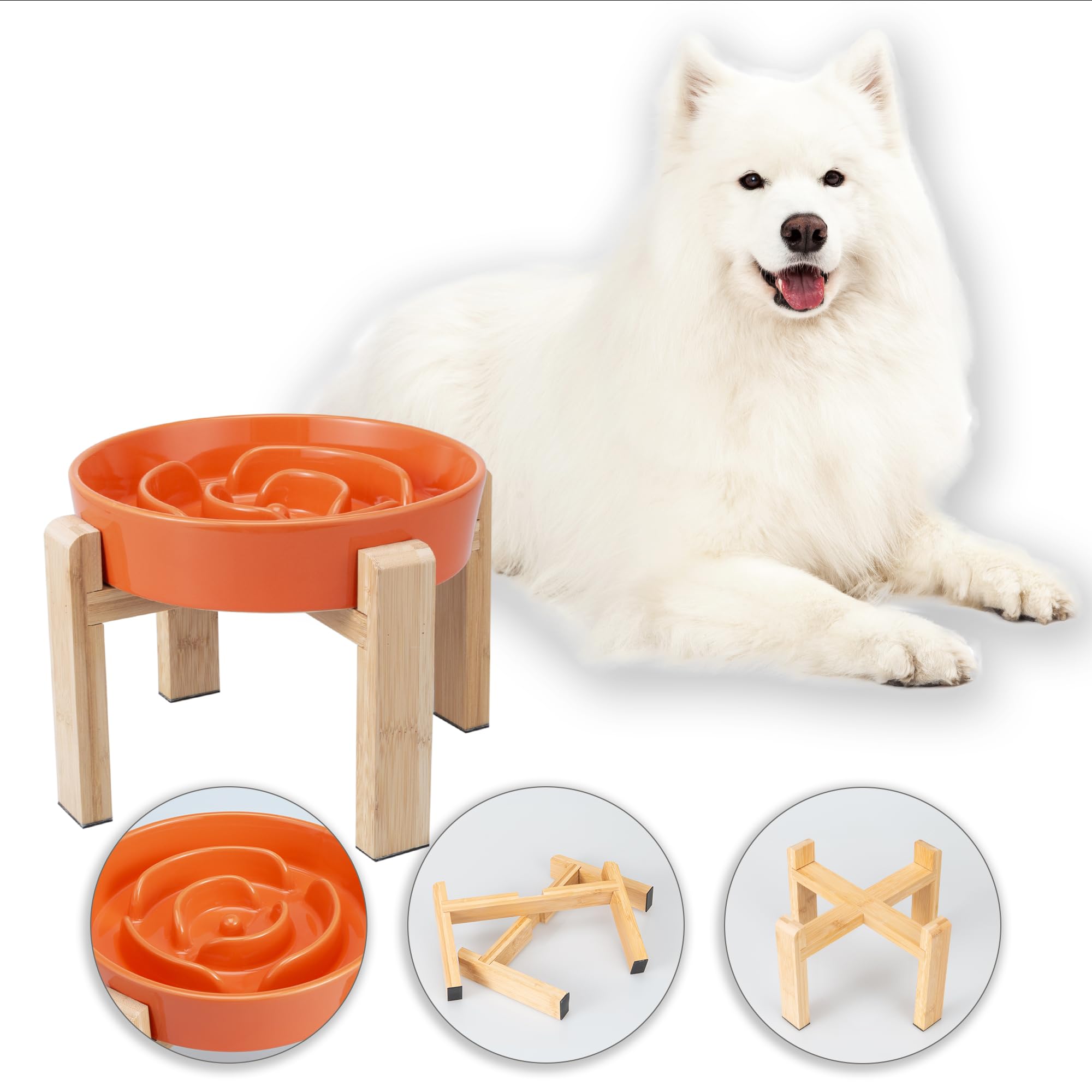 Gamelle Anti-Glouton Surélevée pour Chien - Bol en Céramique avec Support en Bambou - Idéale pour Chiens Moyens et Grands - Orange - 22,5 cm