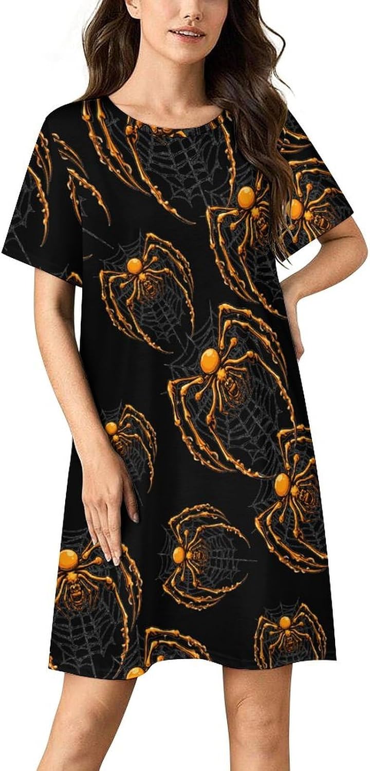 Halloween Spider Webs Women's Nightgowns Short Sleeve Night Shirts Sleepwear Soft Sleep Dress Pajamas