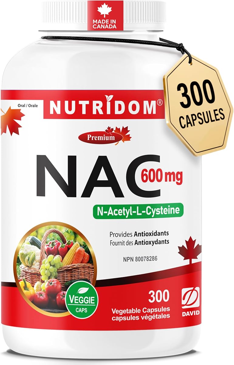 Nutridom NAC 600mg (N-Acetyl-L-Cysteine), 300 Capsules - Provides Antioxidants, Made in Canada, Non-GMO, Vegan, Gluten-Free