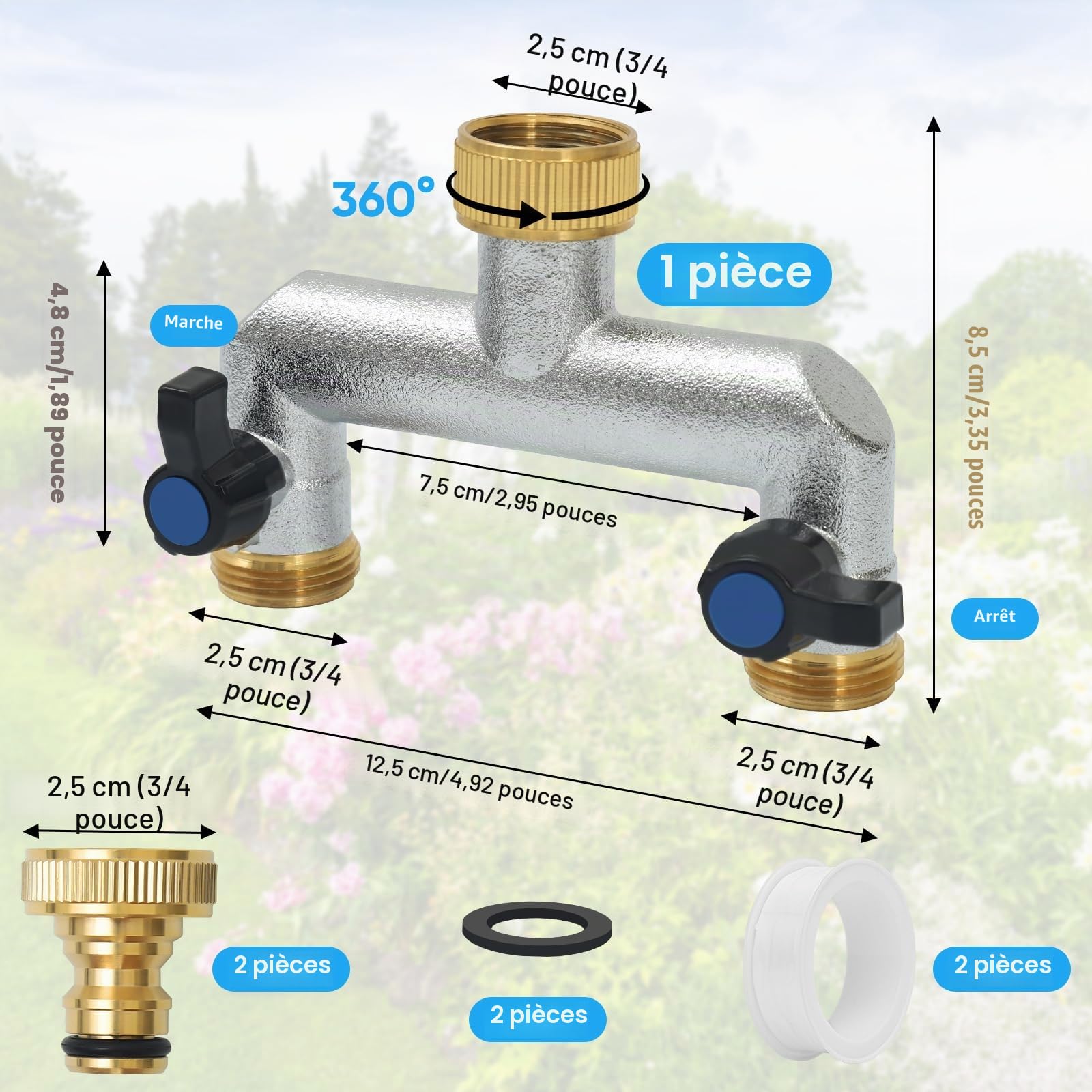 Robinet Distributeur 2 Voies, Adaptateur de Tuyau D'arrosage 3/4, Distributeur D'eau à 2 Voies de avec à Boisseau Sphérique, Vanne 2 Voies Distributeu D'eau Les systèmes d'irrigation