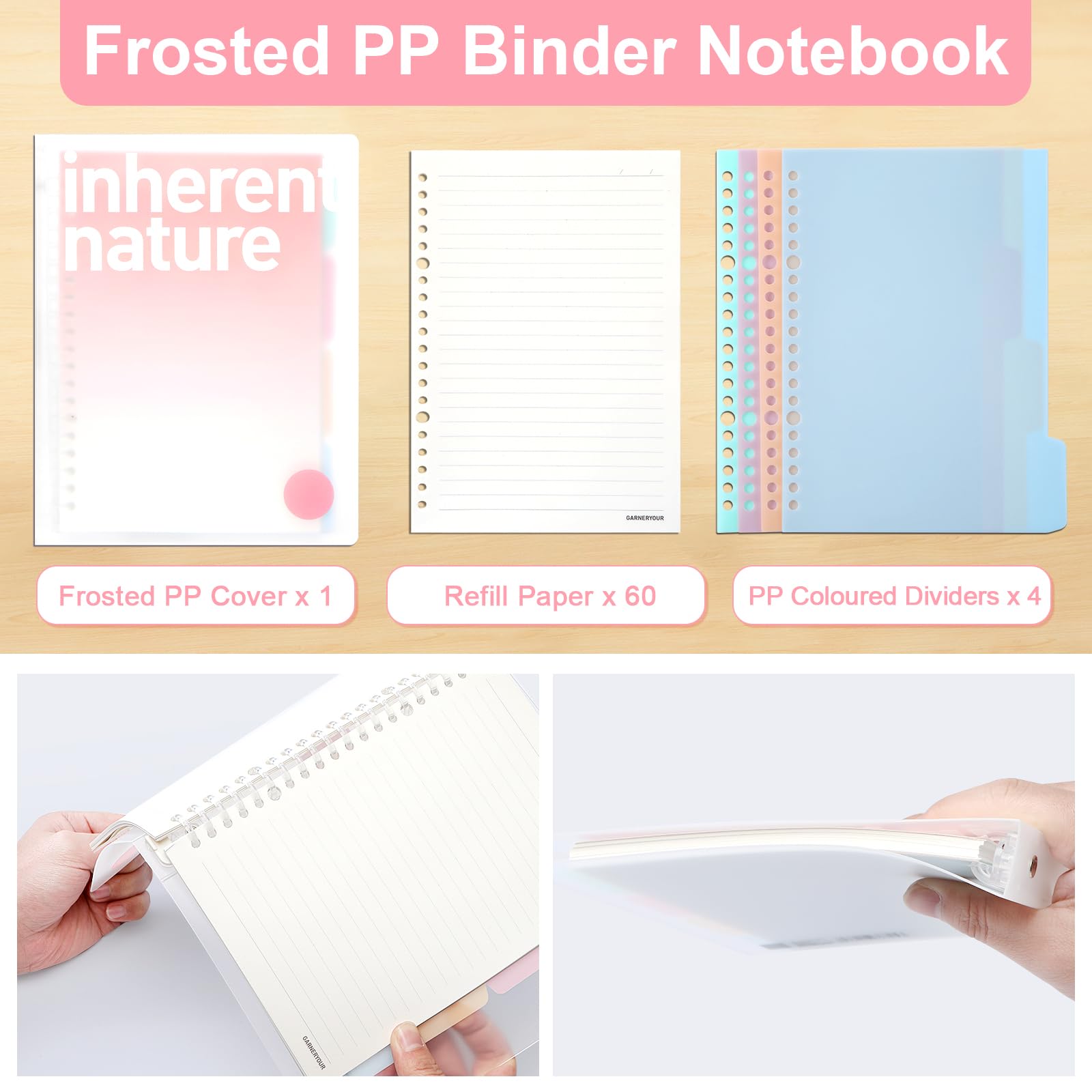Toplive A5 Translucent Project Notepad with 4 Dividers-120 Pages (60 Sheets)-100gsm Lined PaperThick Matte Laminated Cover Notebook with Dividers -Pink - Image 3