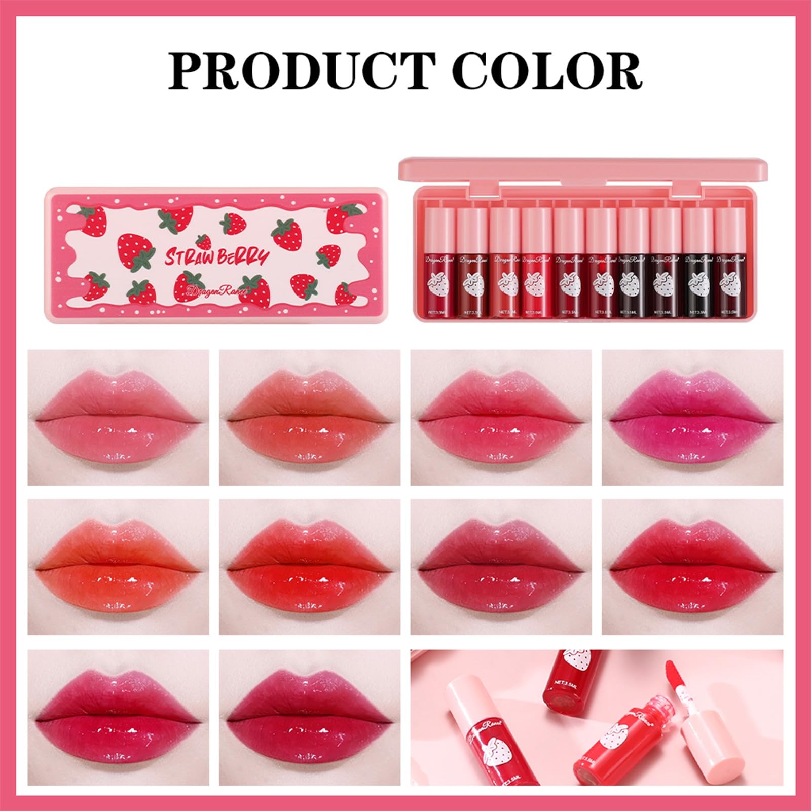 Set mit 10 Lippenstiften mit glänzenden und matten Lippenstiften, mit Mini-Glanz, lang anhaltend und schnell trocknend, ideal als Geschenk für Make-up (Erdbeere, Lipgloss).