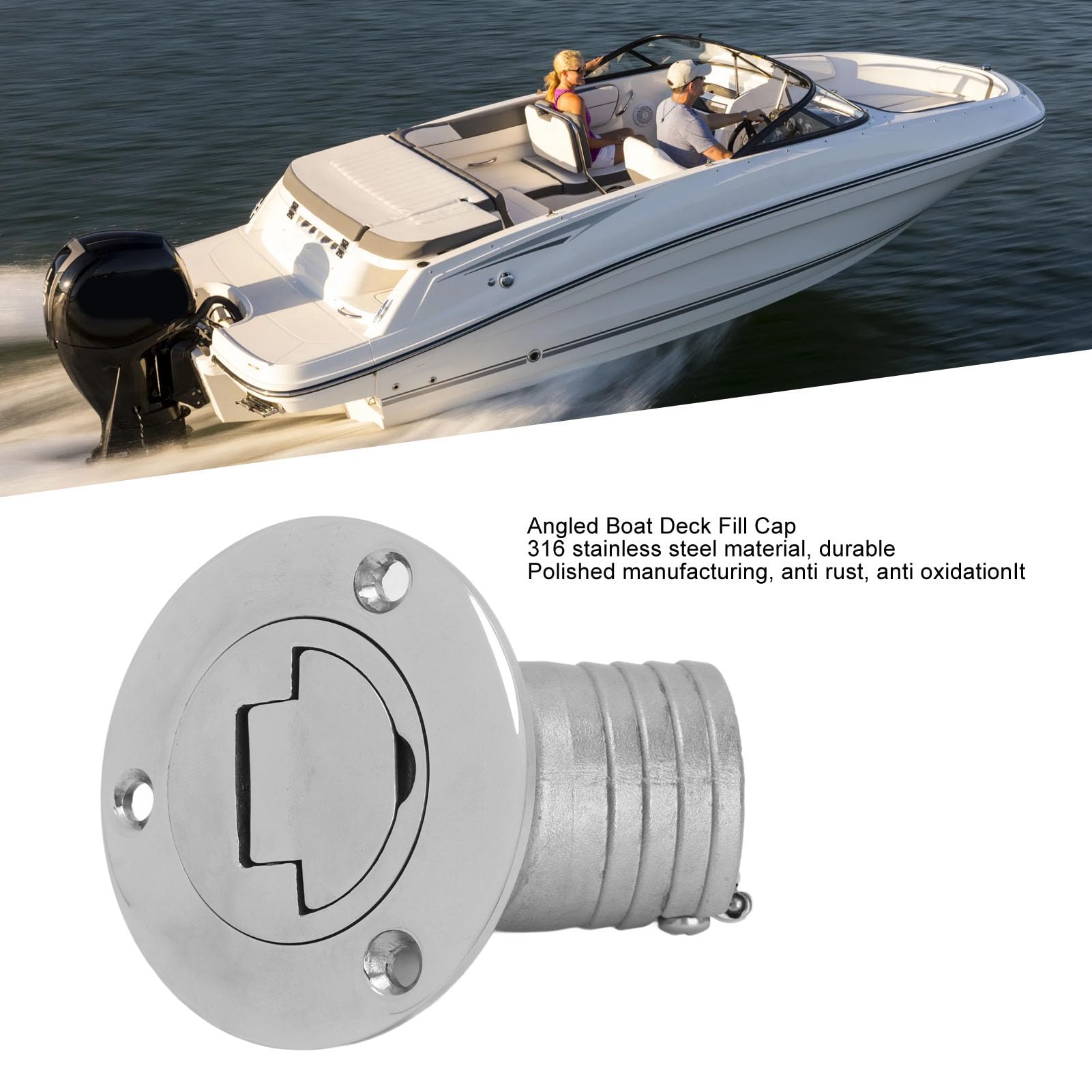 Bootsgas-Deckfülldeckel, Abgewinkelter Bootseinfülldeckel, Schlüsselloser 316-Edelstahl-Marinedeck-Wasserkraftstoff-Fülldeckel Mit Schrauben Für Yacht, Fischerboot, Schnellboot, Wohnmobil(1.5in)