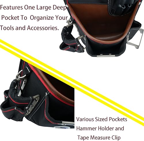 Miniatura 4 de 20-539 - Bolsa de herramientas profesional resistente con soporte para martillo y clip de cinta  Nylon balístico 1680D + cuero genuino  Trabilla