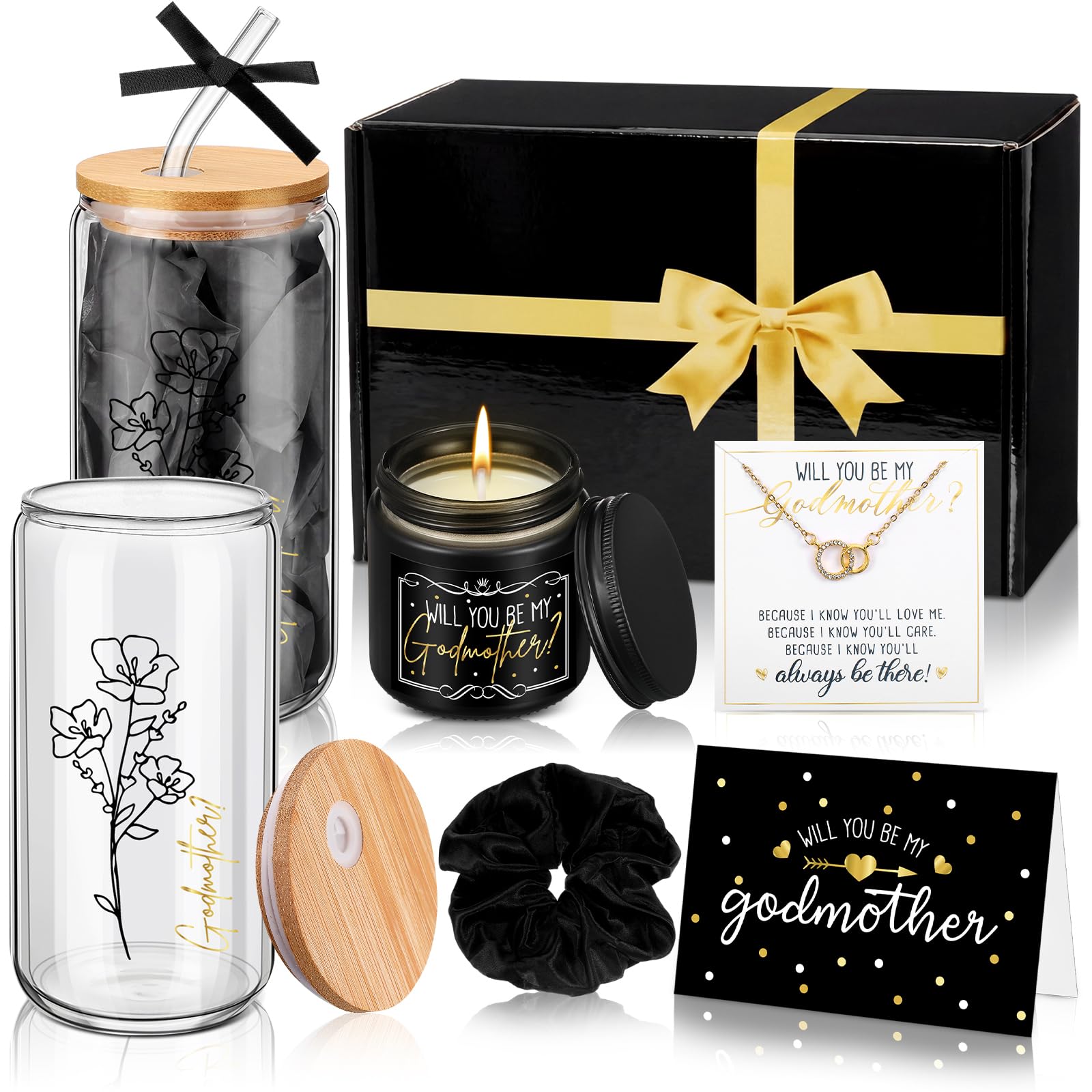 Photo 1 of Singhoow 6 Pcs Godmother Proposal Gift Set, Will You Be My Godmother Gift Box, 16oz Glass Cup, Necklace & Scented Candle from Godchild for Baptism Mother’s Day Birthday(English,Black)