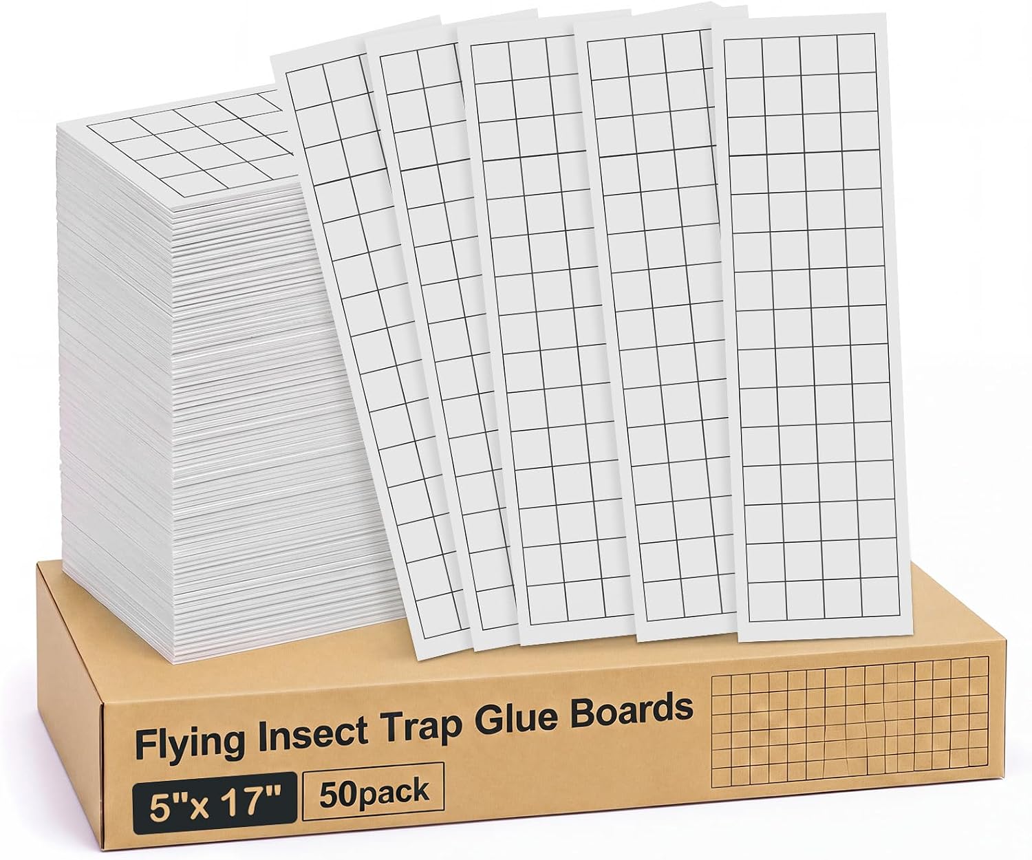 50 Pack 5" x 17" Flying Insect Trap Glue Boards with 1" Printed Grid