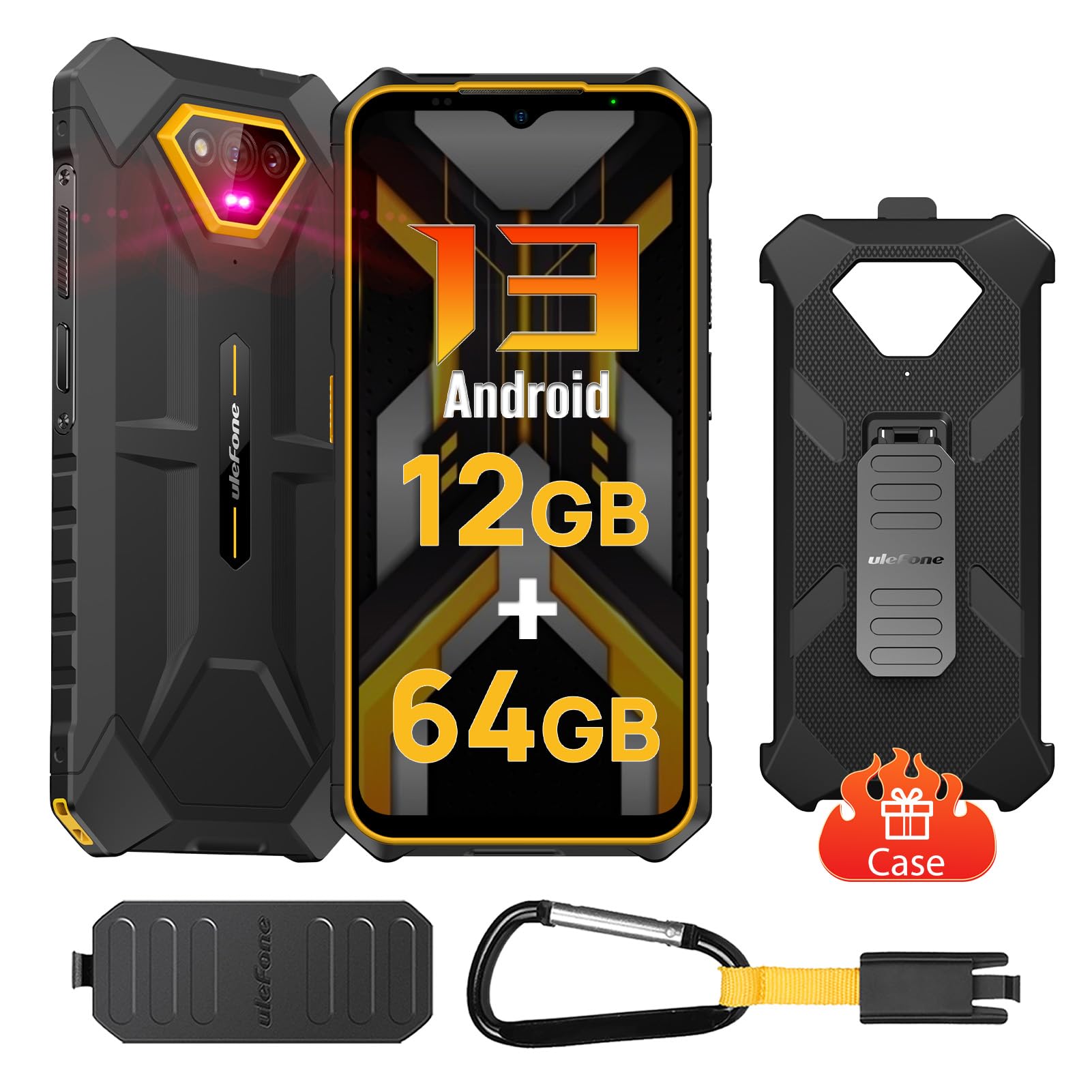 Ulefone Armor X13 Rugged Smartphone Android 13, 12GB RAM 64GB ROM, 50MP+24MP Night Vision, 6.52 inch, 6320mAh, IP68/IP69K Waterproof Outdoor Phone, Fingerprint Face Unlock, NFC, UK Version Black