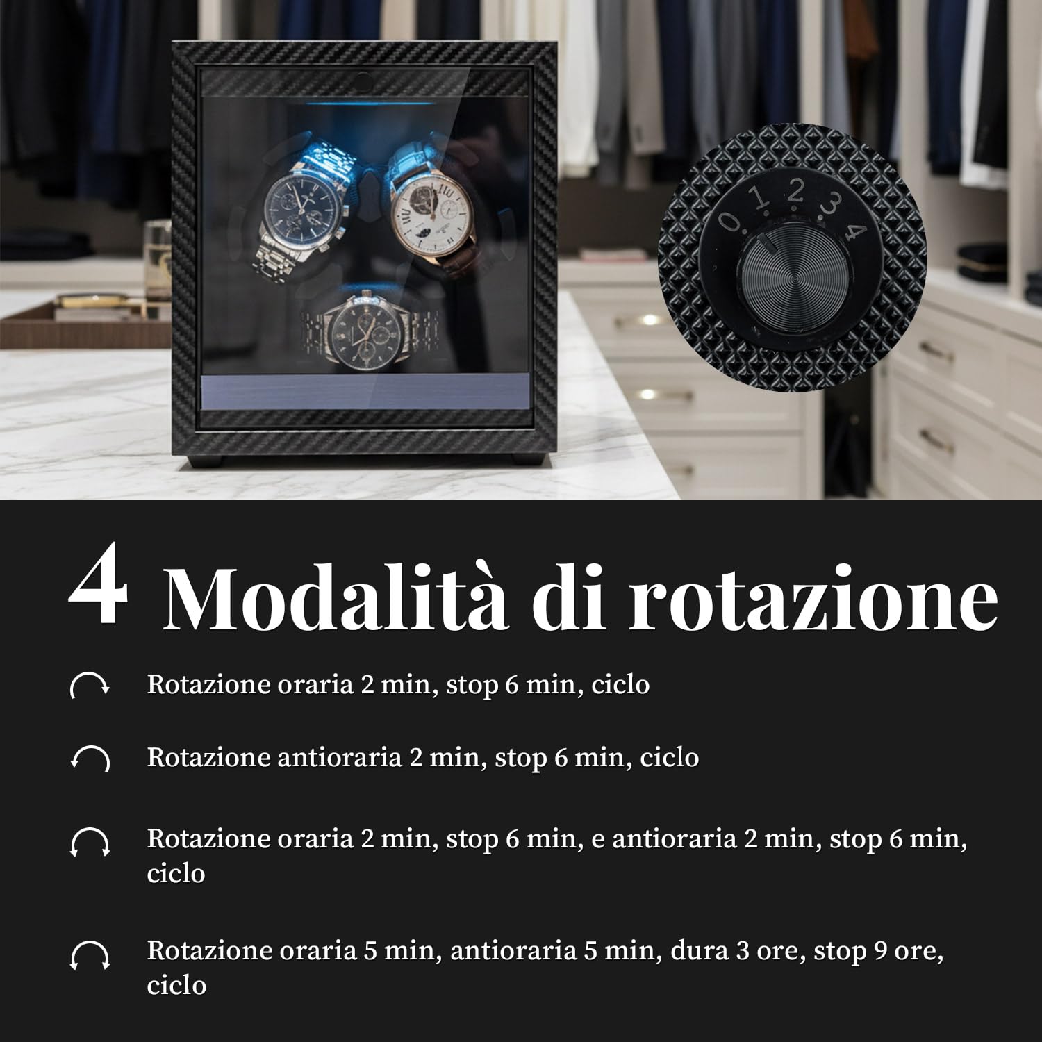 Mcbazel Scatola Per Carica Automatico Per Orologi Ultra Silenziosa, 4 Modalità di Rotazione con Luce LED Blu, Scatola Programmabile per 3 Orologi, Custodia Per Orologi Alimentata da USB con Foam