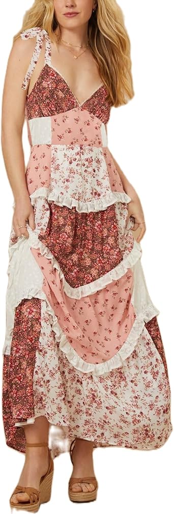 Women Floral Patchwork Maxi Dress Sleeveless V Neck Layered Ruffle Backless Long Dress Summer Beach Boho Sundress