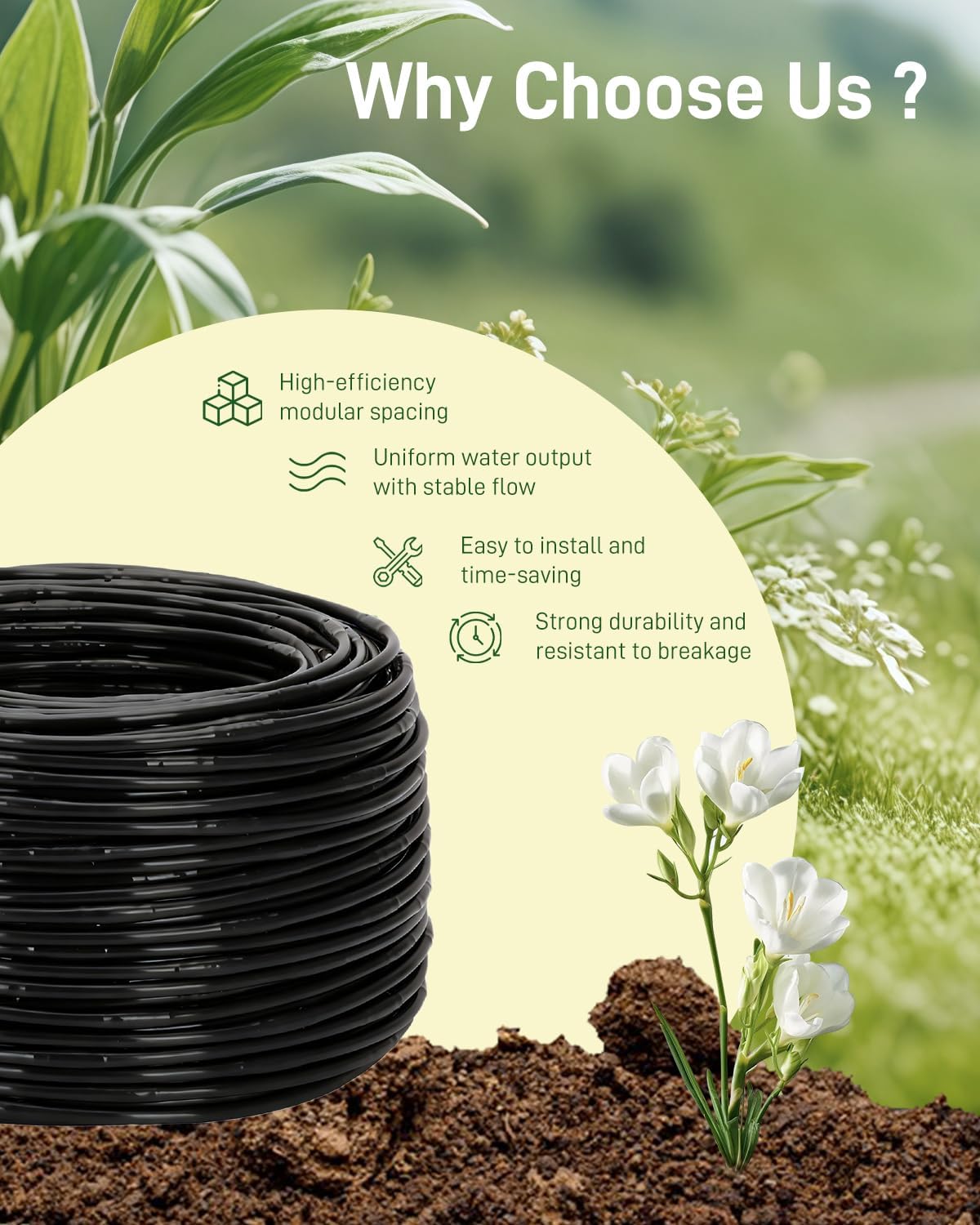 1/4" Drip Irrigation Tubing with 6" Emitter Spacing, (500 Ft Roll) Hydroponics Dripline with Built-in 0.5 GPH Dripper, Drip Line for Irrigation, Garden Beds and Greenhouses (Black)