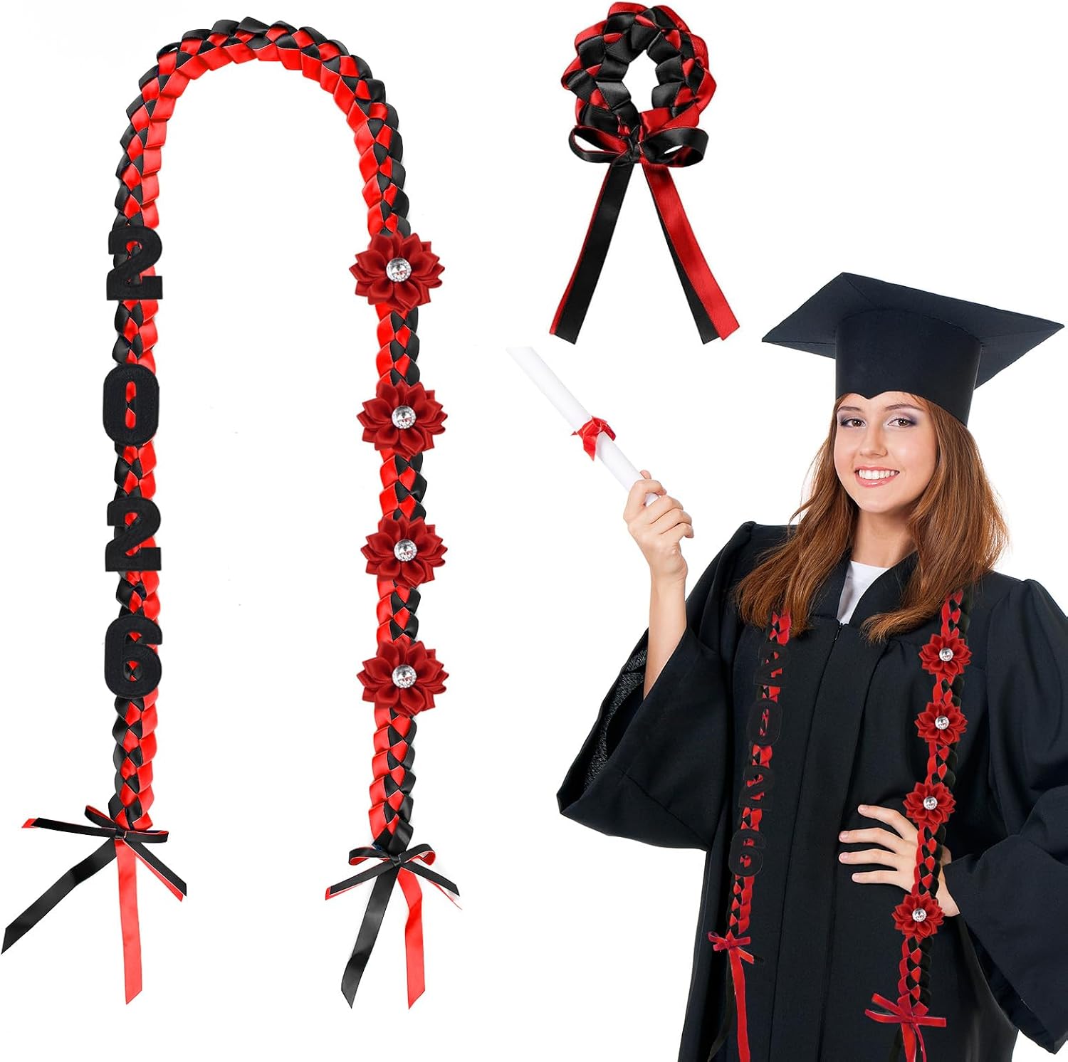 Graduation Leis Class of 2026 Double Braided Handmade Grad Leis Necklace Ribbon with Satin Flower Pin Wristband & Number Stickers Graduation Decoration Gift for Men Women Students image 2