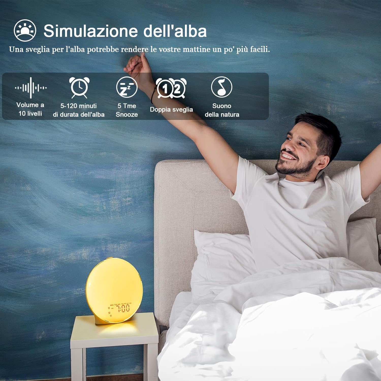 KABB Sveglia Leggera All'Alba, Luce Notturna Della Macchina del Suono del Suono, Sveglia Intelligente con Simulazione Dell'alba, Suono del Rumore Bianco Dell'Assistente al Sonno, Doppio Allarme