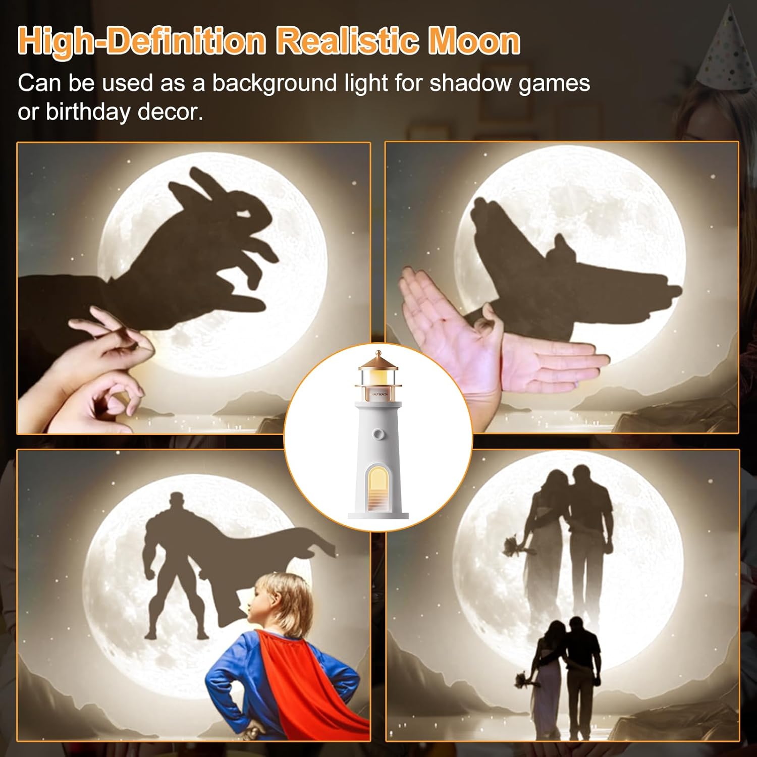 Lighthouse Table Lamps with Remote - Ultra HD Realistic Moon Projection, Flicker-Free Soft Warm White Light, 4 Brightness Adjustable &Timer, Rechargeable Nautical Bedside Lamp for Bedroom Living Room