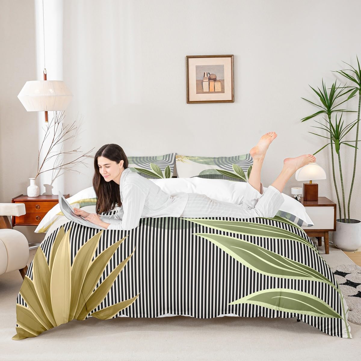 Erosebridal Mid Century Boho Comforter Cover Queen Size Modern Geometric Duvet Cover,Minimalist Bedding Set Abstract Retro Sun Aesthetic Arch Curve Leaves Bed Set,Green Gold - Image 3