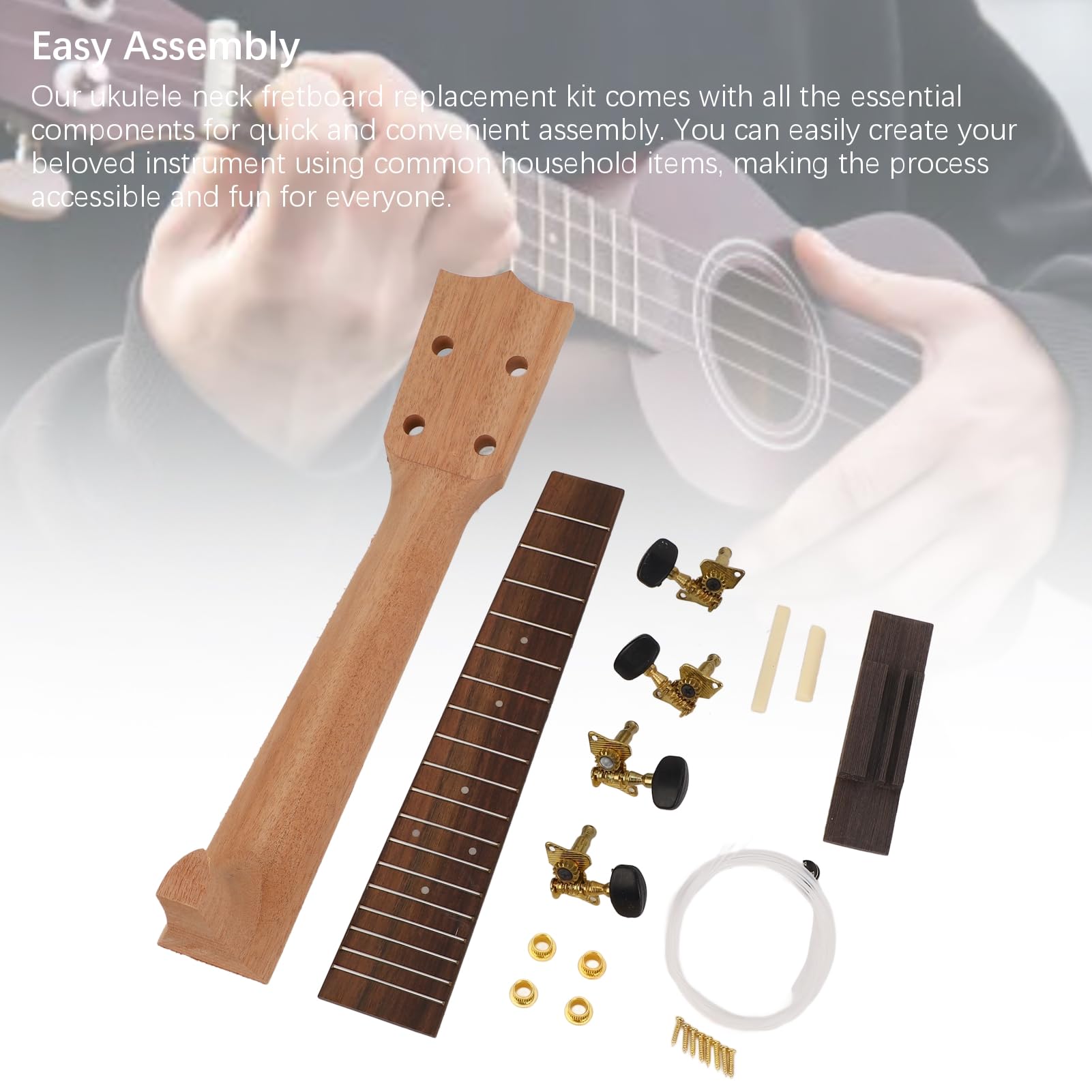 Akozon Kit de Reemplazo de Diapasón de Mástil de Ukelele - Kit de Fabricación de Mástil de Ukelele de 23 Pulgadas - Accesorios para Instrumentos Musicales