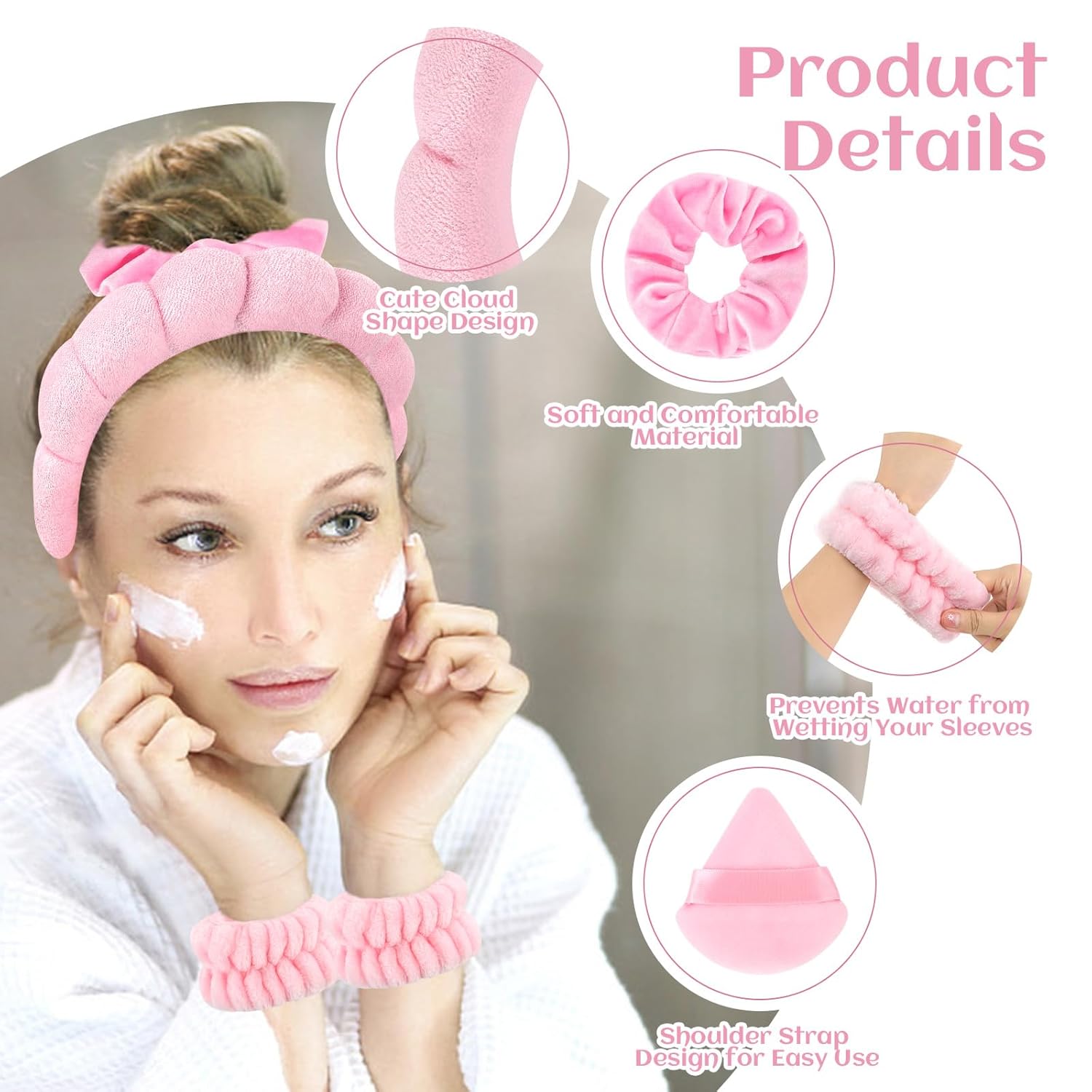 7Pcs Puffy Spa Headband and Wristband Set Skincare Headband for Washing