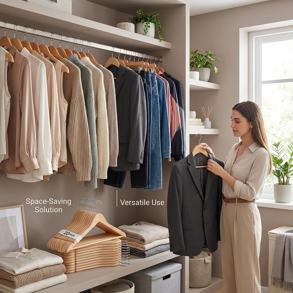 Durable Essentials Plastic Hangers – Pack of 20 Slim, Heavy-Duty, Wood-Like Design with Non-Slip Surface, 360° Rotating Rust-Resistant Hook for Space-Saving