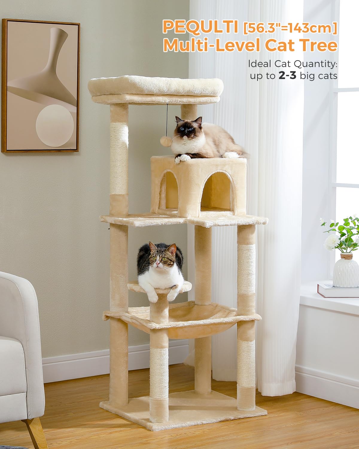 PEQULTI Cat Tree for Large Cats with Metal Frame Big Hammock, Cat Tower for Indoor Cats with 2 Door Condo House, [56.3