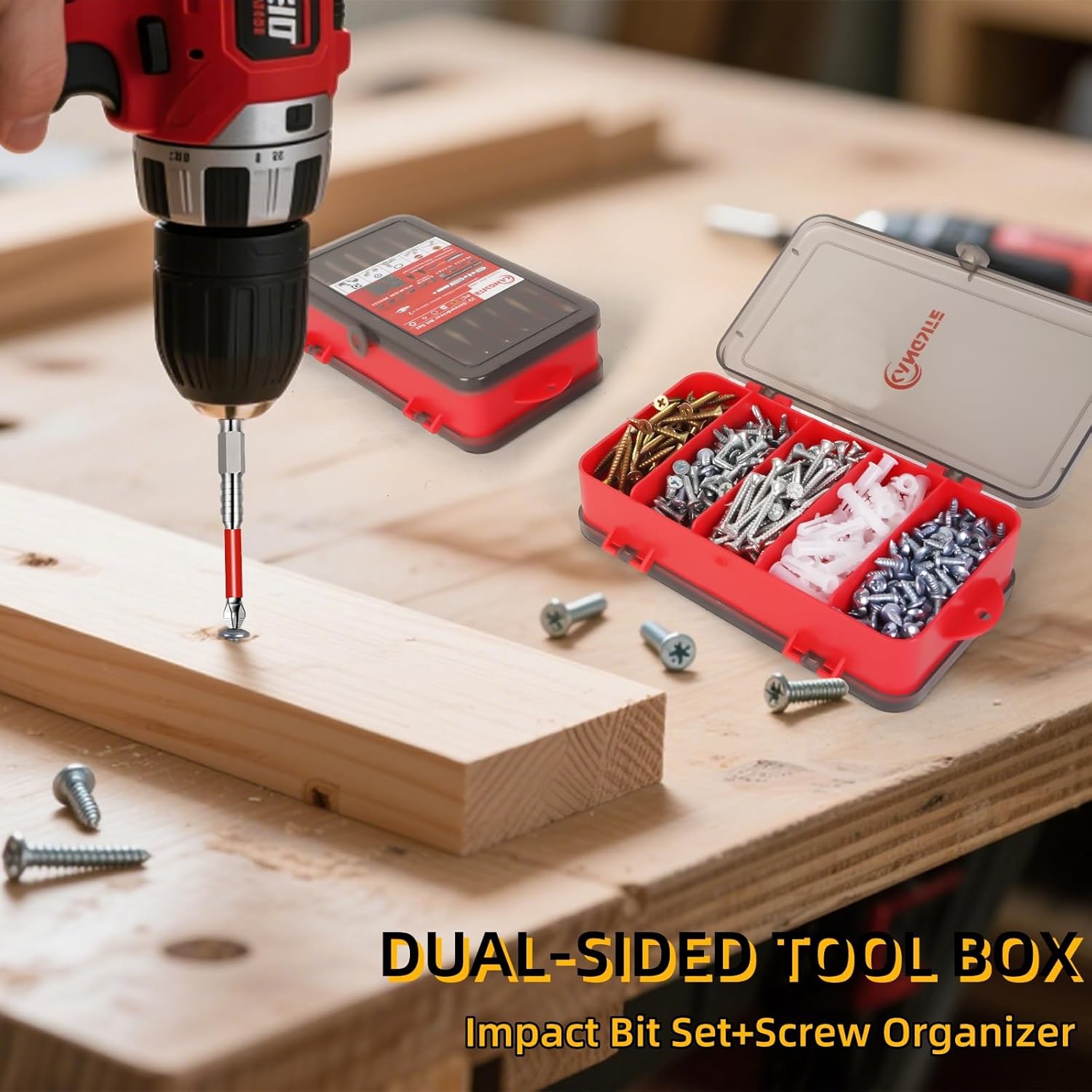 Impact Driver Bit Set 33PC | High Magnetic Screwdriver Drill Bit Set & S2 Steel Impact Bits | Dual-Sided Tool Box: Anti-Slip Bits + Screw Organizer & Small Parts Organizer | w/Bit Holder & Magnetizer