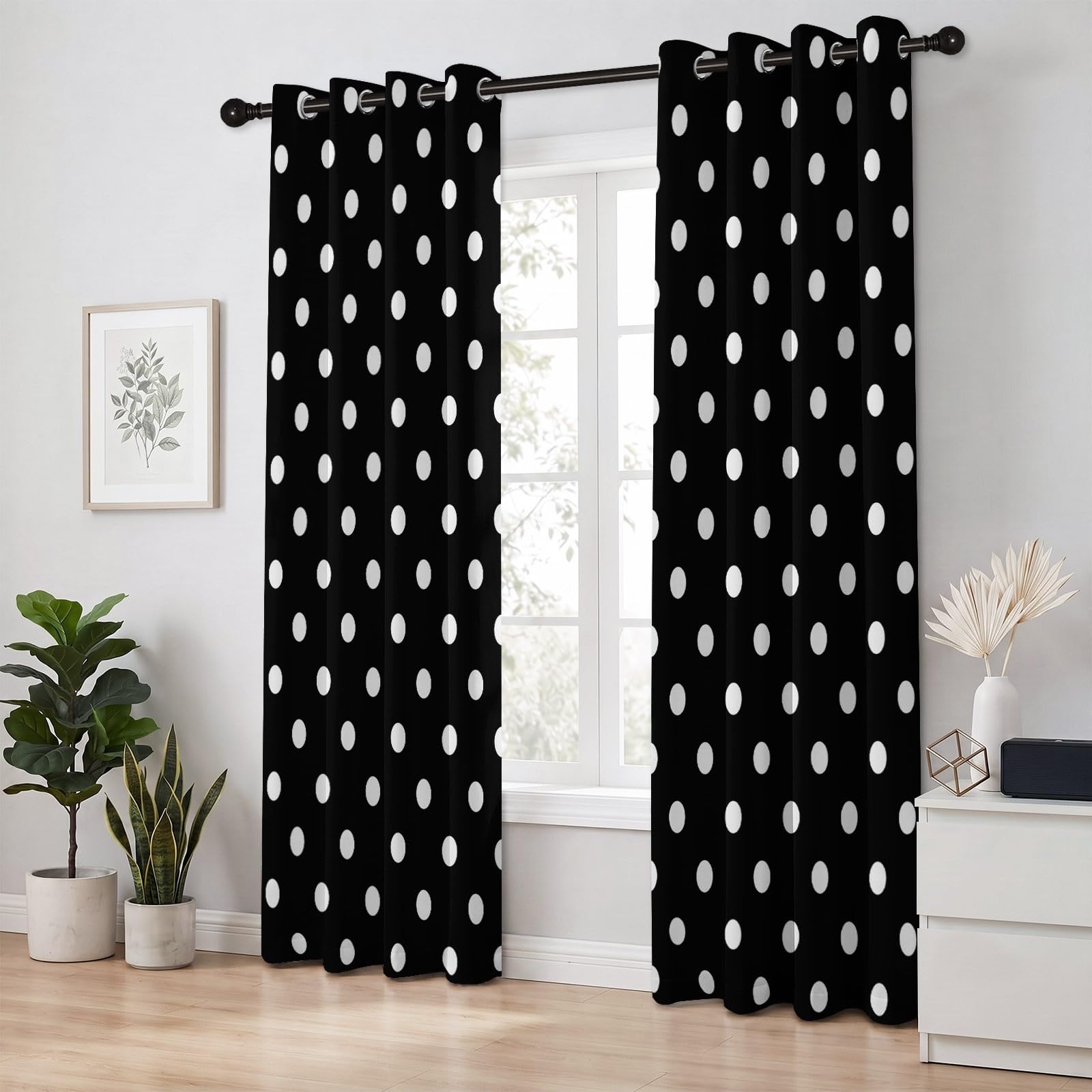 Minimalistyczna geometryczna czarno-biała zasłona w kropki szer. 140 cm x