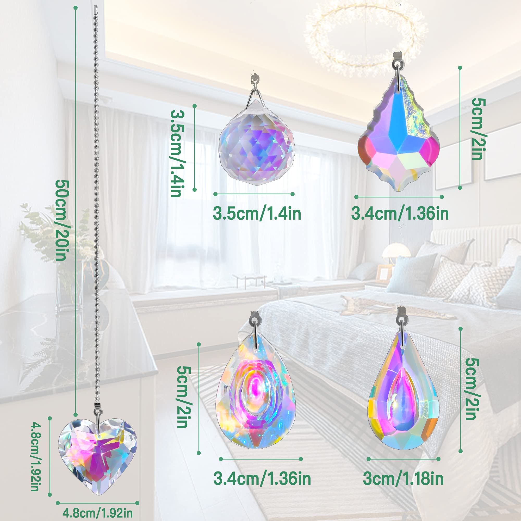 5 Stück Kristall-Zugketten Für Deckenventilator – Herz, Tropfen, Rund, Regenbogeneffekt