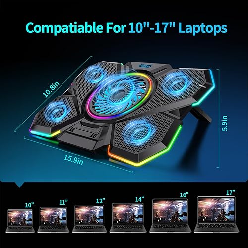 Miniatura 6 de Almohadilla de enfriamiento para laptop, enfriador de laptop para juegos con 5 ventiladores silenciosos y luces LED (cierre de un clic), almohadilla