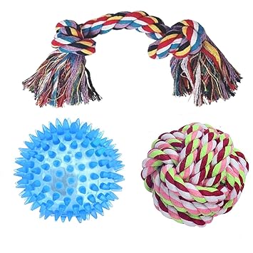 Pet Believe 2 Knot LED Spike and Squeaky Chew and Puppy Rope Toy Cotton Ball for Small Dogs (Combo of 3)