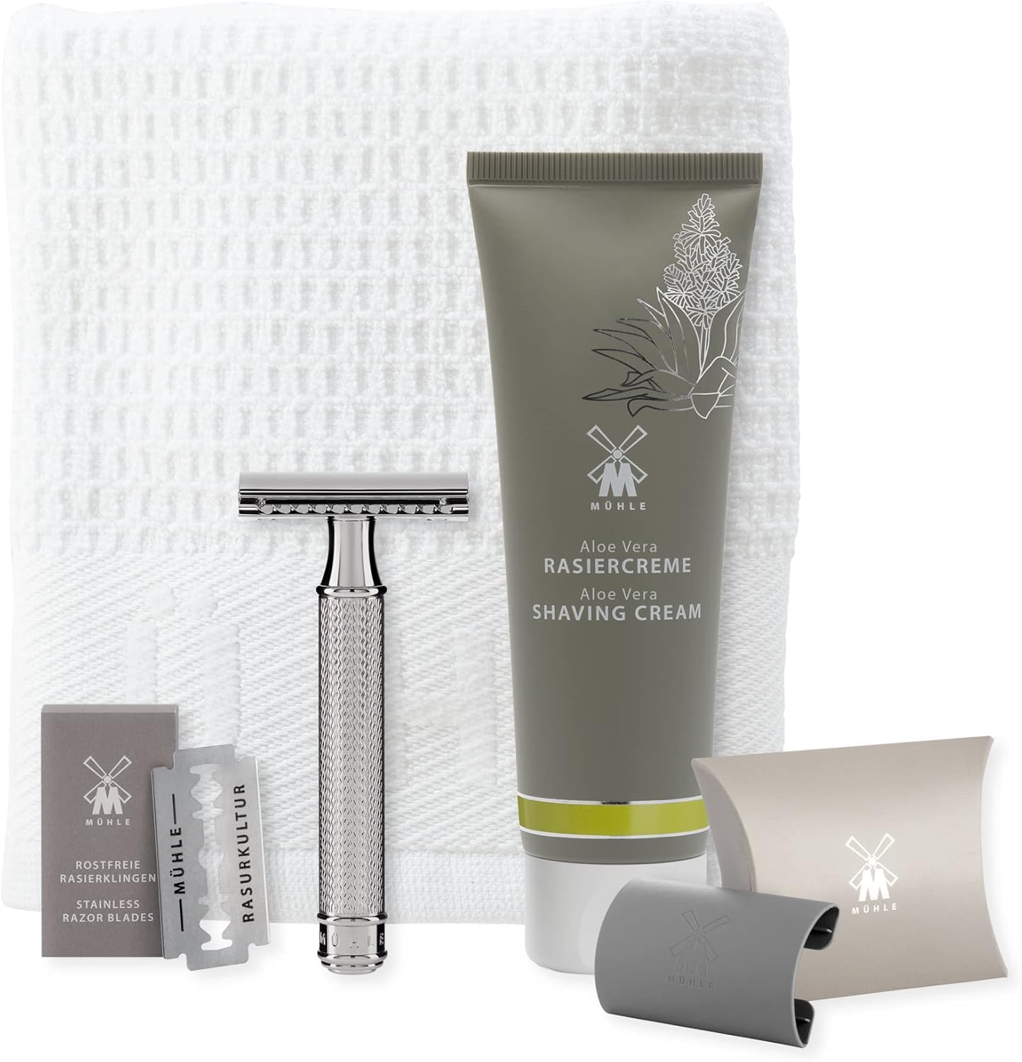 MÜHLE R 89 Shaving Set 5 Pieces - Safety Razor with Closed Comb Chrome-Plated Metal Blade, Cream, Cloth - Silver