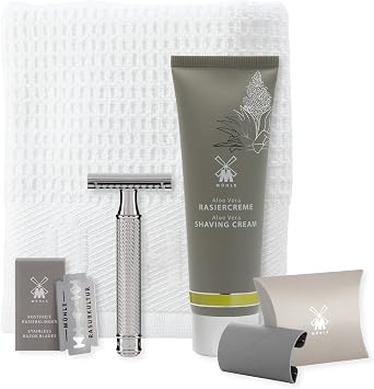 MUHLE R 89 Shaving Set 5 Pieces - Safety Razor with Closed Comb Chrome-Plated Metal Blade, Cream, Cloth - Silver
