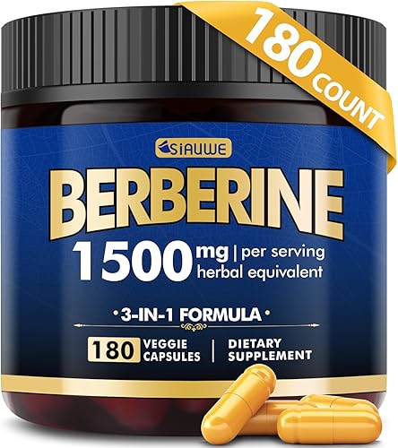 Suplemento de berberina, berberina de alta resistencia de 1500 mg, 180 cápsulas - Plus bergamota cítrica, suplementos de raíz de berberina HCI -