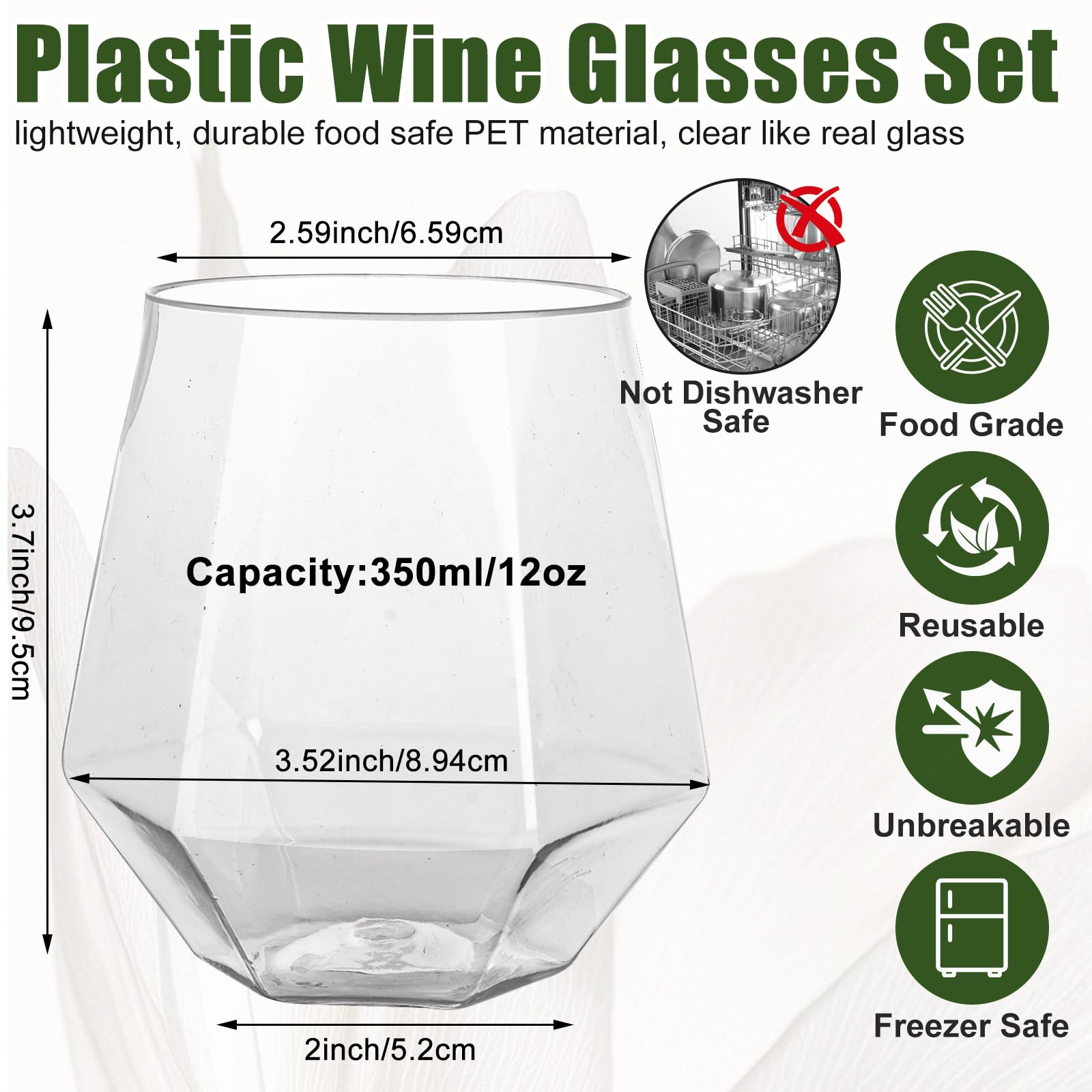 Lot de 40 verres à vin réutilisables en plastique transparent incassable pour jus, champagne, whisky, 350 ml
