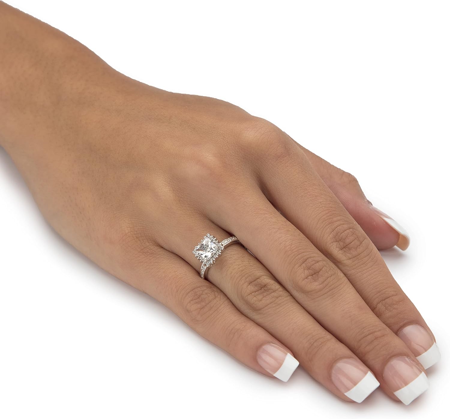 PalmBeach Platinum-plated Sterling Silver Princess Cut Created White Sapphire and Diamond Accent Halo Engagement Ring Sizes 6-10