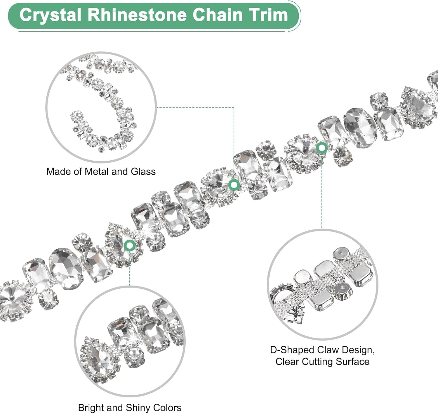 M METERXITY Crystal Rhinestone Chain Trim, 1 Yard Crystal Applique Strips String, Bling Shiny Crystal Chain Applique for Crafts/Clothes [White Diamond with Silver Base]