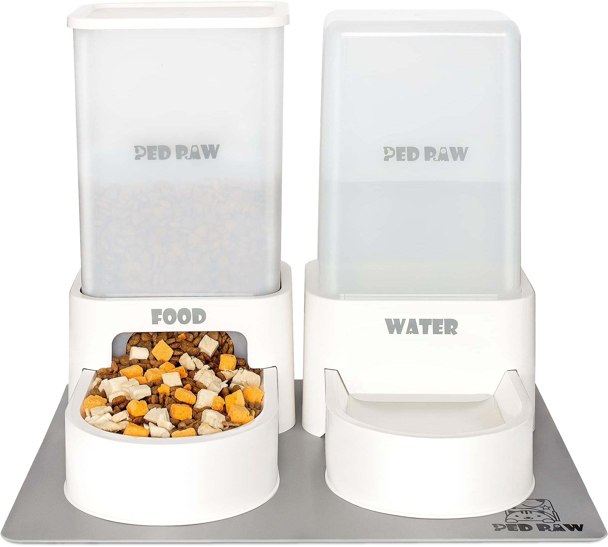 PED PAW Dog Cat Feeder and Water Dispenser Set, Automatic Pet Gravity Feeder Bowl with Food Mat, Large Capacity 1 Gallon for Small Medium Large Pet