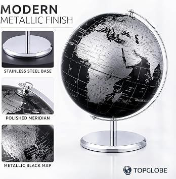 20cm World Globe, Metallic Black Map with Stainless Steel Base